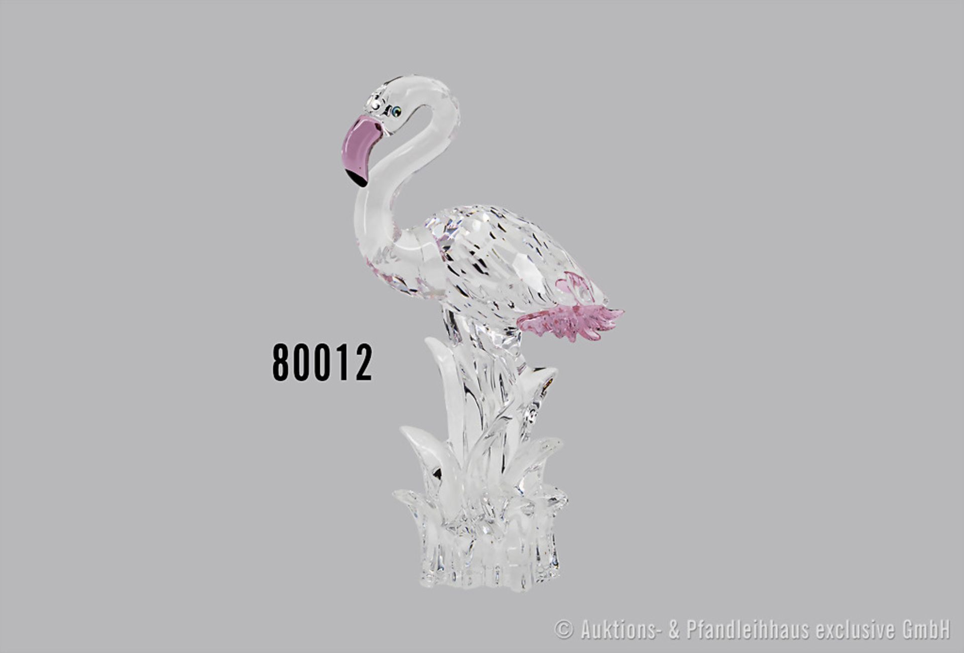Swarovski Tierfigur, sehr schöner Flamingo, aus klarem Kristall, Schnabel und Federn mir ...