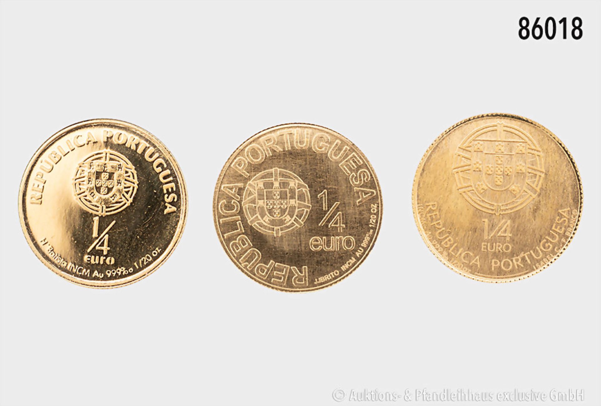 Portugal, Konv. 3 Goldmünzen, je 1/4 Euro 2006-2008, 999er Gold, Gesamtgewicht 4,67 g, ...