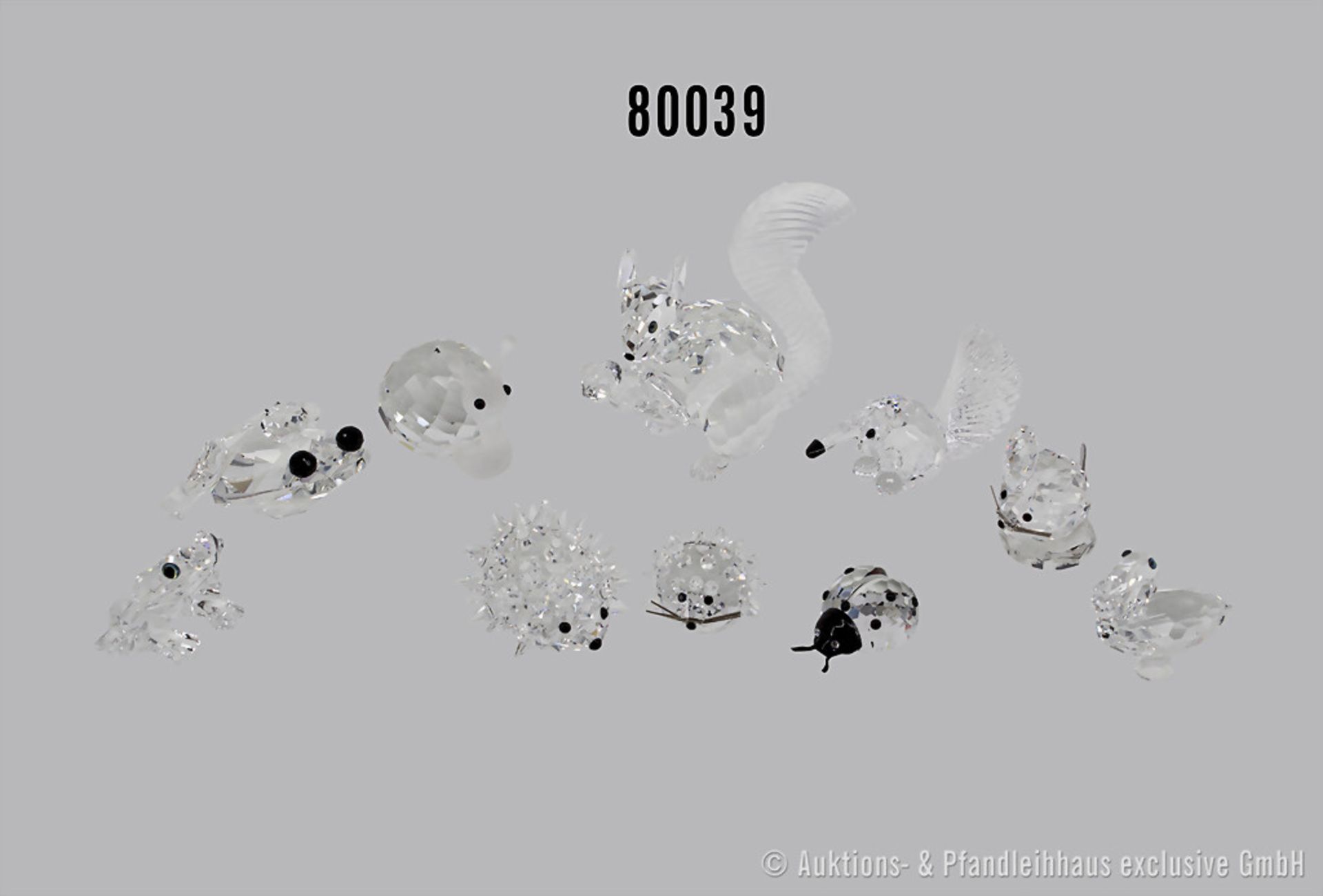 Konv. 10 Swarovski Tierfiguren, dabei Eichhörnchen, Maus, 2 Igel, Schnecke, 2 Frösche, ...