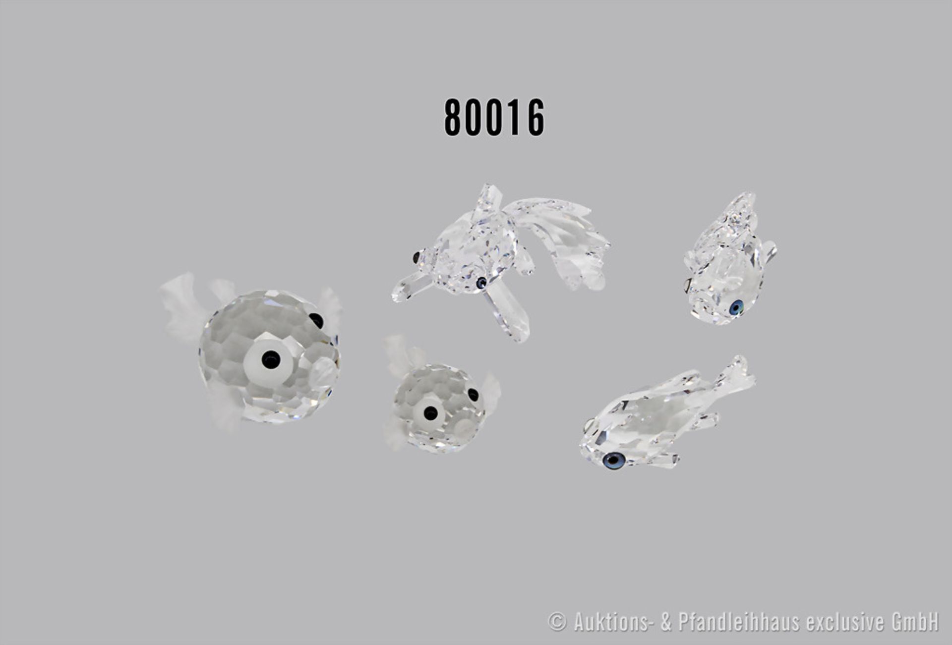 Konv. 5 Swarovski Tierfiguren, dabei 1 großer Kugelfisch, 1 kleiner Kugelfisch und 3 ...