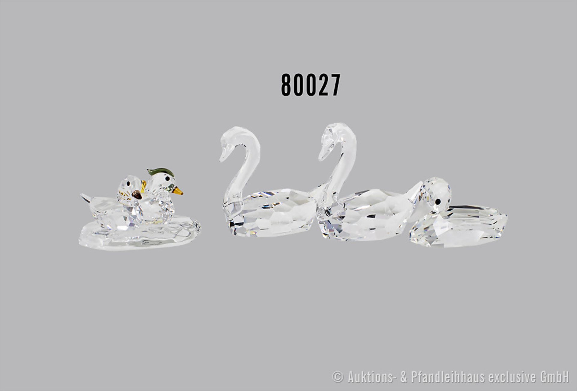 Konv. 5 Swarovski Tierfiguren, dabei 2 Schwäne, H 7,5 cm, L 9 cm, Ente mit mattem ...