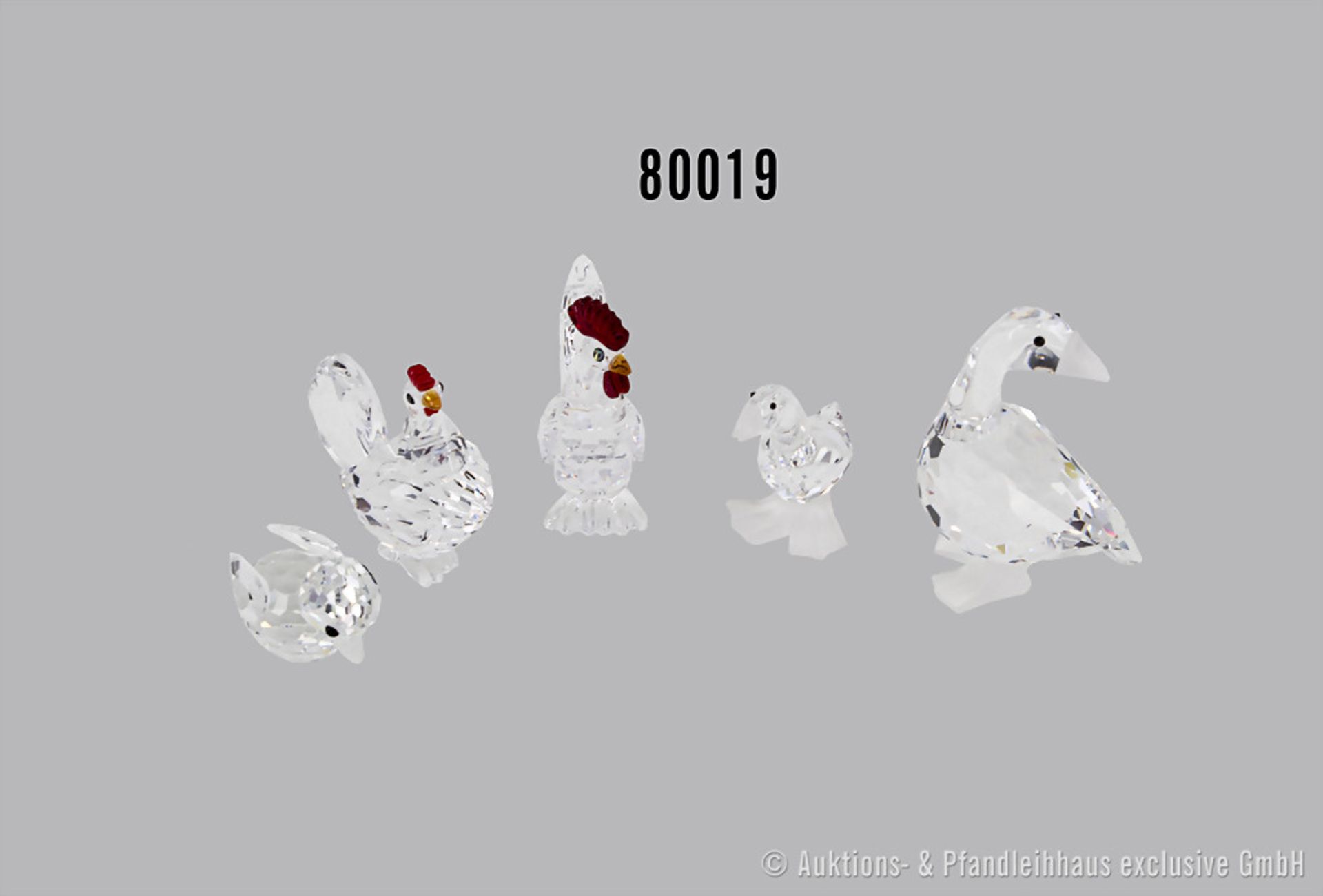 Konv. 5 Swarovski Tierfiguren, dabei Hahn und Henne, jeweils mit rotem Kamm und gelbem ...