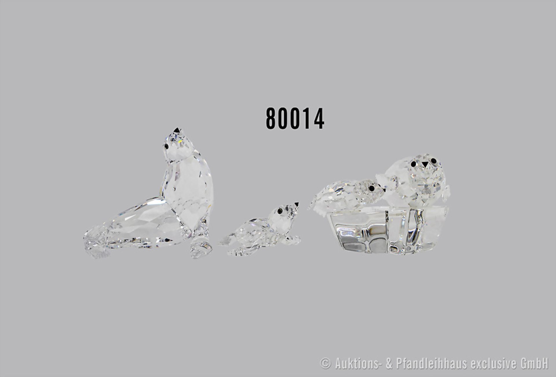 Konv. 4 Swarovski Tierfiguren, dabei Robbe mit Jungem auf Sockel und Robbe mit Jungem, ...