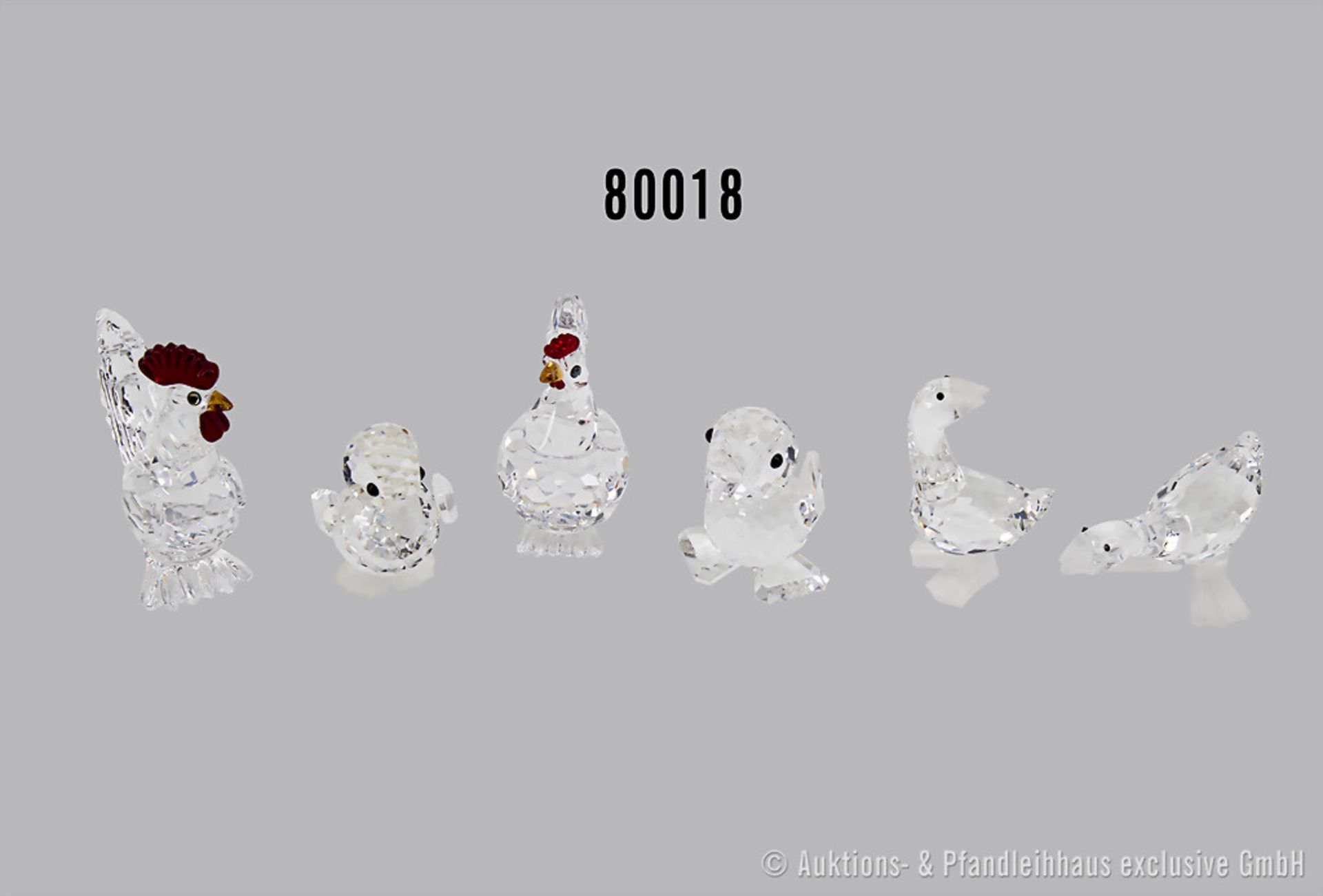 Konv. 6 Swarovski Tierfiguren, dabei Hahn und Henne, jeweils mit rotem Kamm und gelbem ...