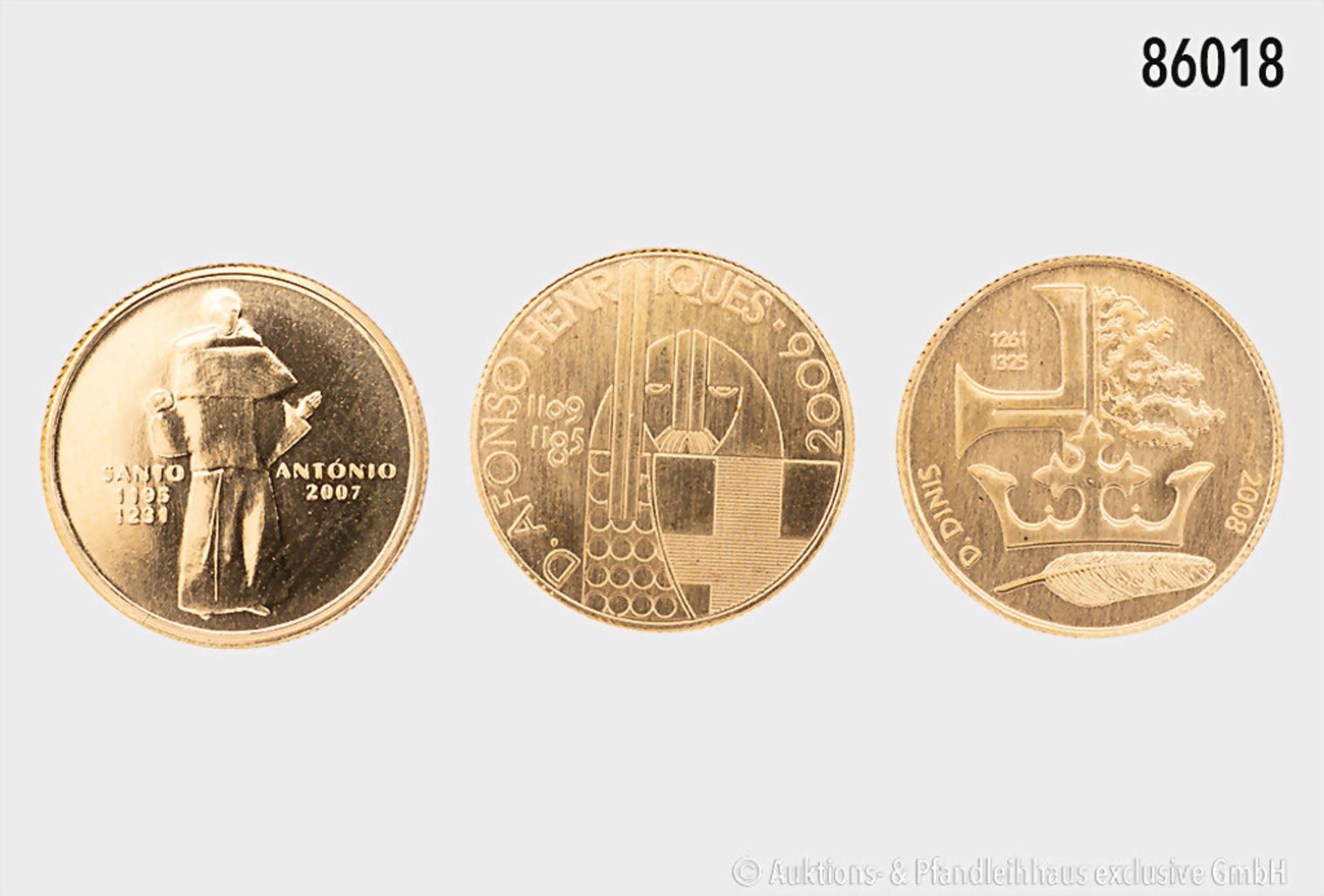 Portugal, Konv. 3 Goldmünzen, je 1/4 Euro 2006-2008, 999er Gold, Gesamtgewicht 4,67 g, ... - Bild 2 aus 2