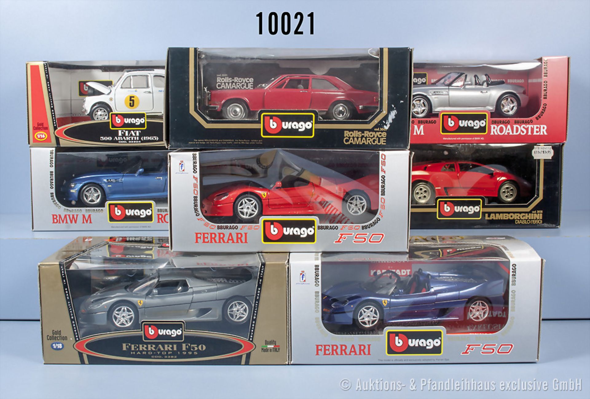 Konv. 8 Bburago Modellfahrzeuge dabei Rolls Royce, Fiat, BMW, Ferrari und Lamborghini, M ...