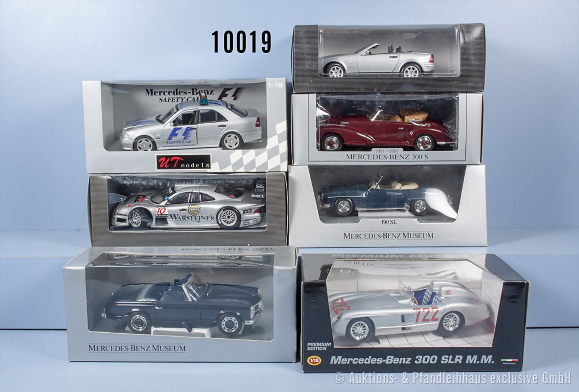 Konv. 7 Mercedes Modellfahrzeuge dabei CLK GTR 1997, 300 SLR, 190 SL usw., M 1:18, ...