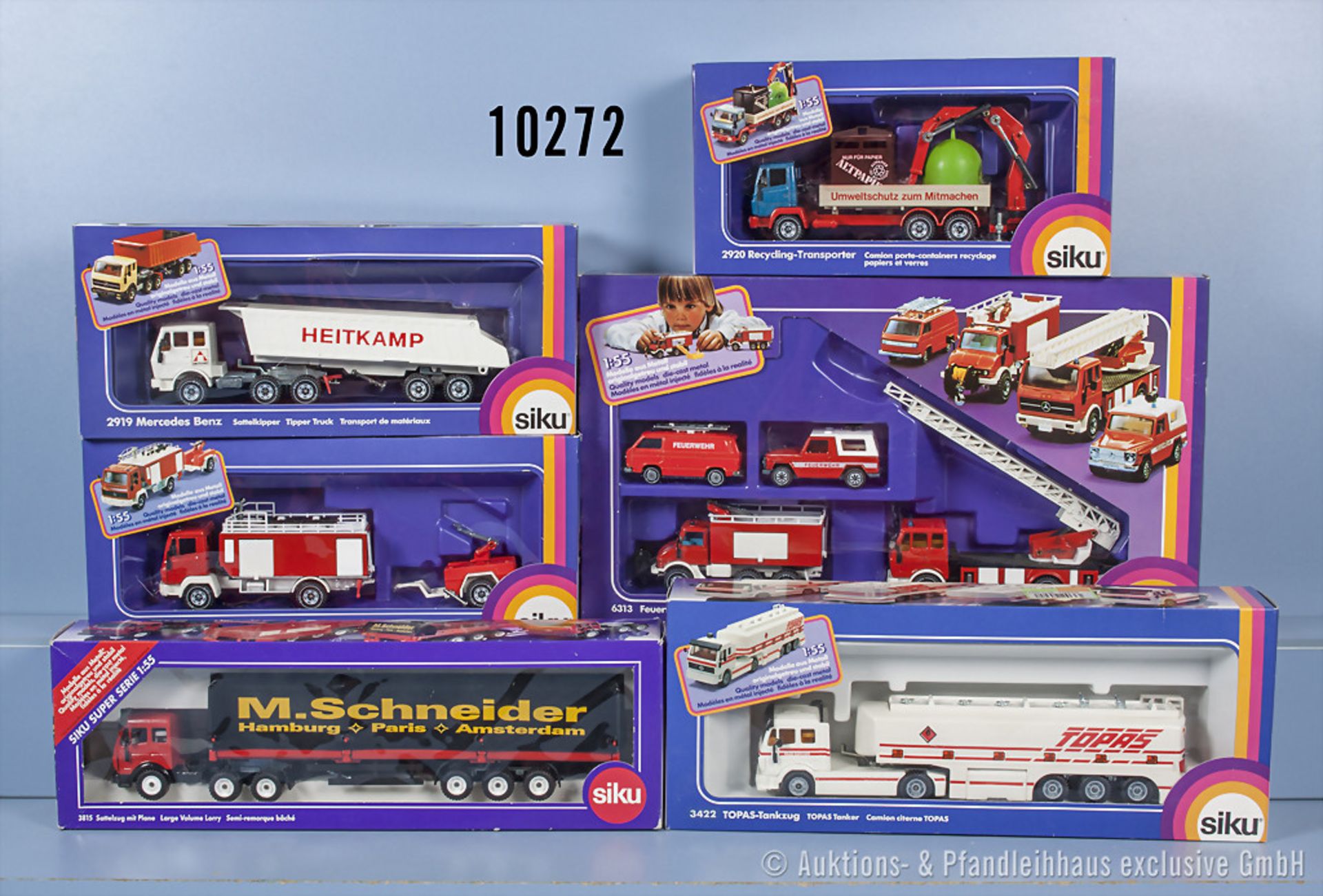 Konv. 9 Siku Modellfahrzeuge, dabei 6313 Set-Packung Feuerwehr, 2919, 3815, 3422, 2921 ...