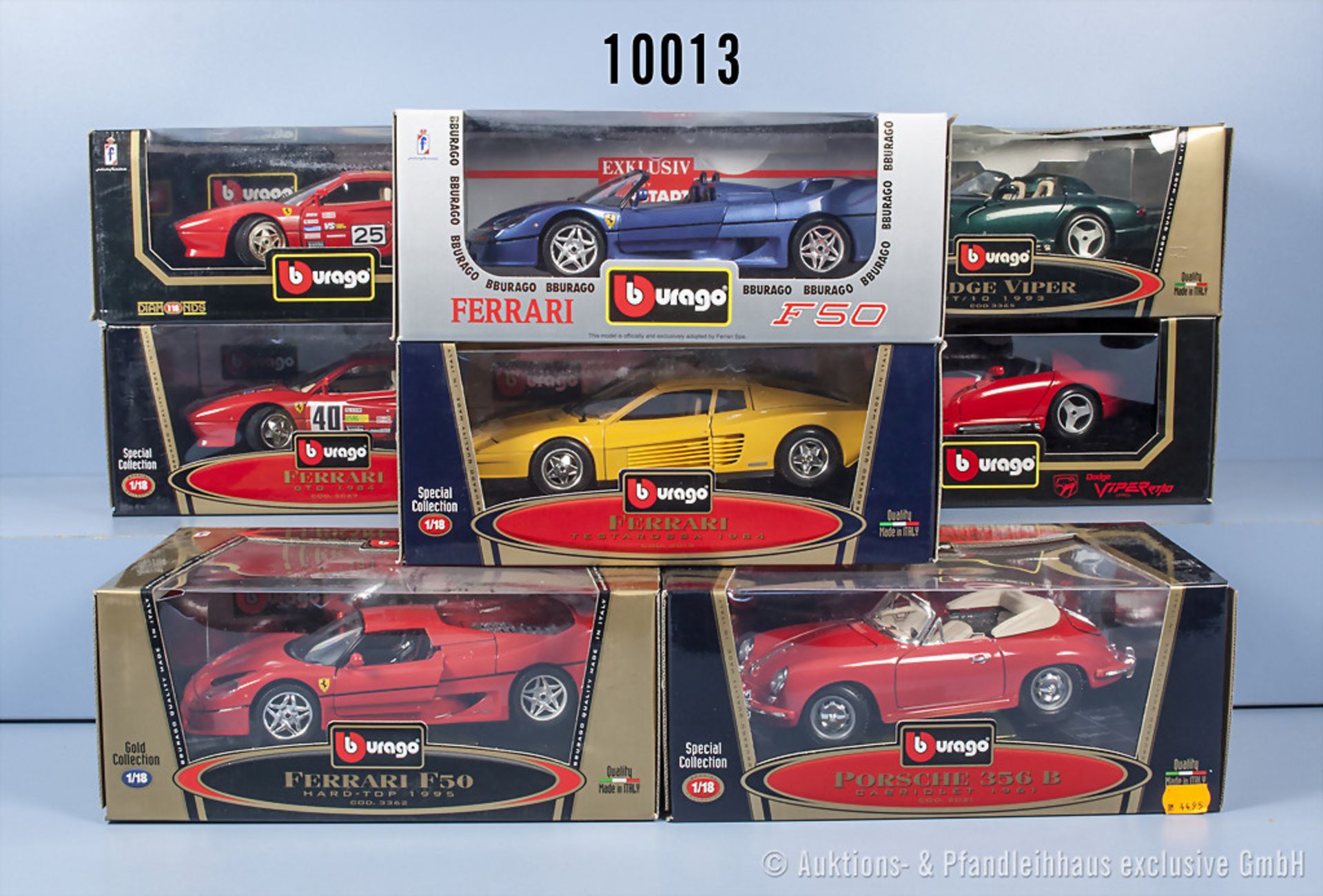 Konv. 8 Bburago Sportwagen dabei Ferrari, Dodge Viper und Porsche, M 1:18, sehr guter ...