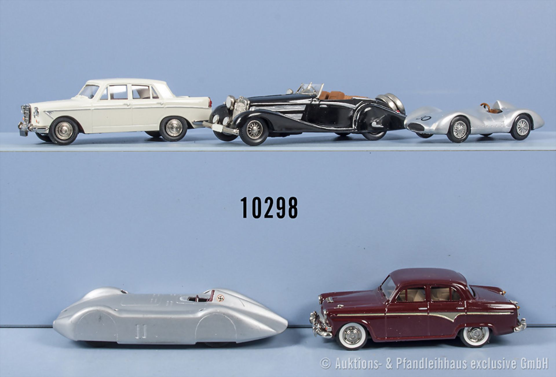 Konv. 5 Modellfahrzeuge, dabei Austin A 105, Wolseley, Horch 853 A und 2 Rennwagen, ...