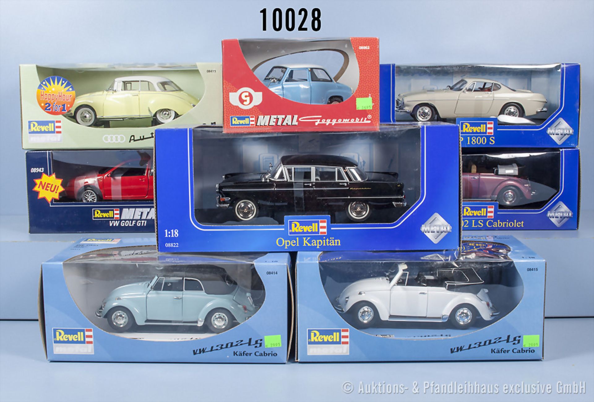 Konv. 8 Revell Modellfahrzeuge dabei Auto Union, Goggomobil, Opel und VW, M 1:18, sehr ...