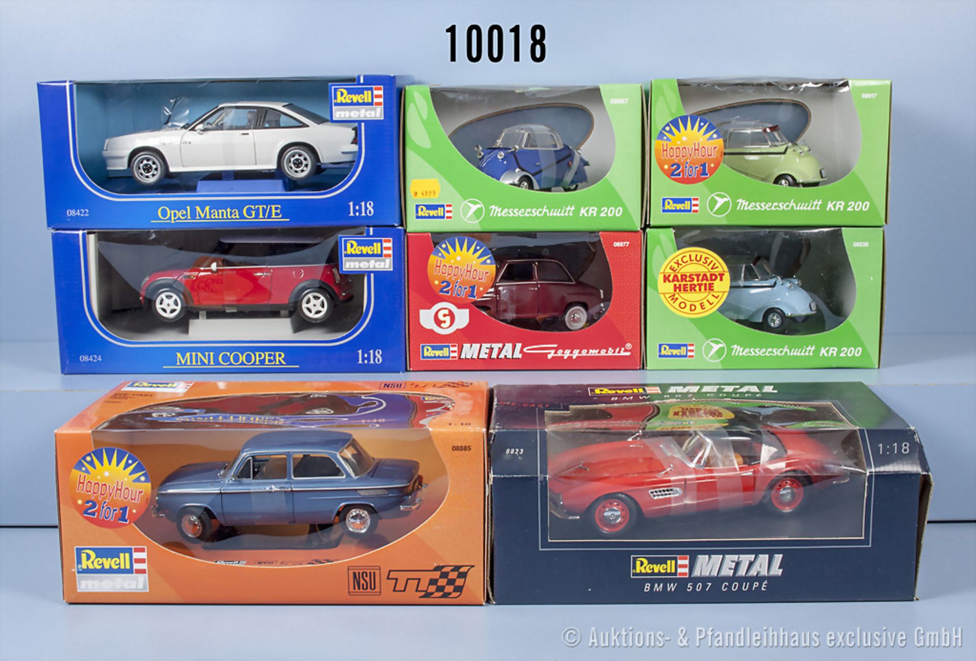 Konv. 8 Revell Modellfahrzeuge dabei Messerschmitt, NSU, BMW, Opel, Goggomobil und Mini, ...