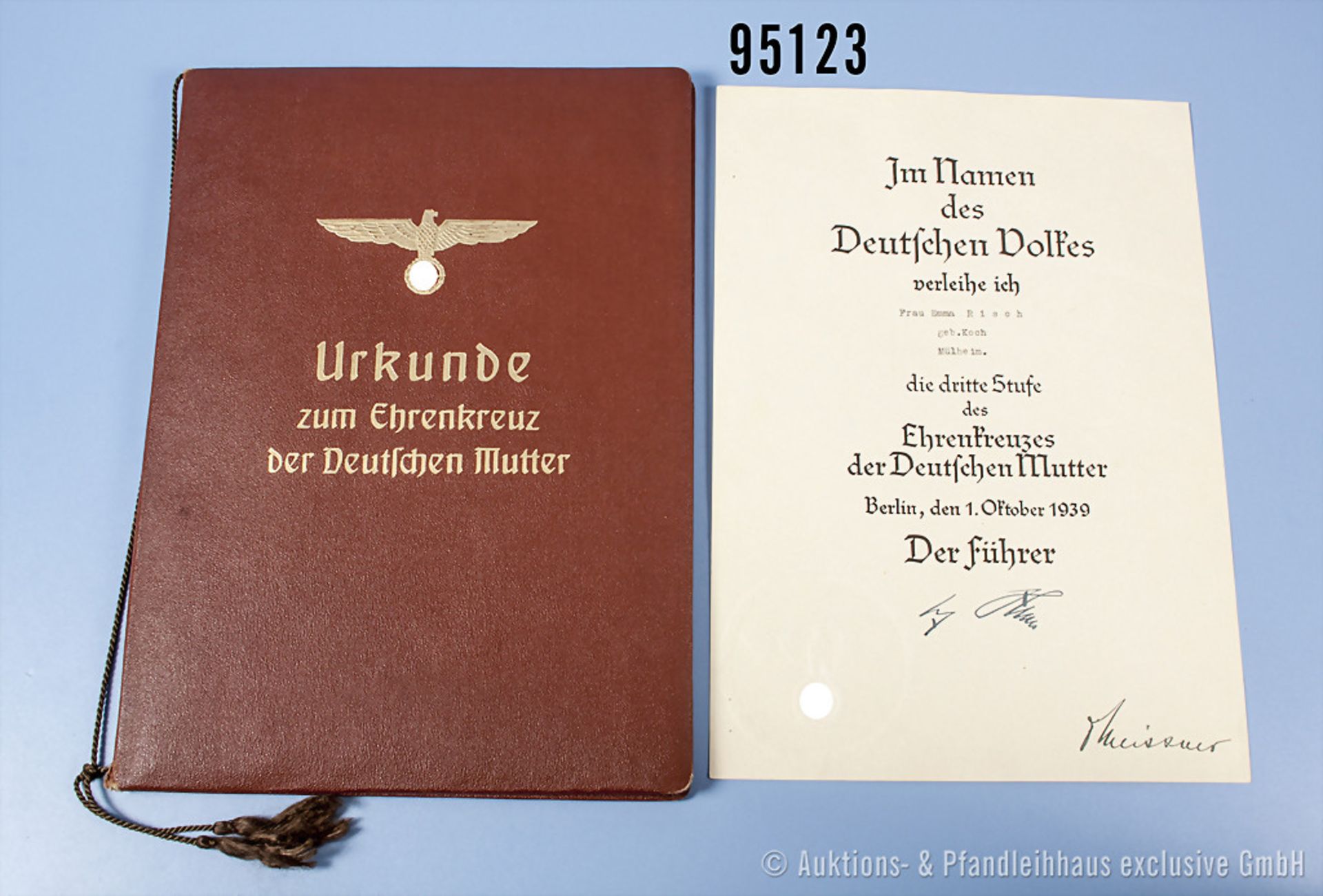 Konv. 4 Urkunden zum Ehrenkreuz der deutschen Mutter, 1., 2. und 3. Stufe, jeweils 1939 ...