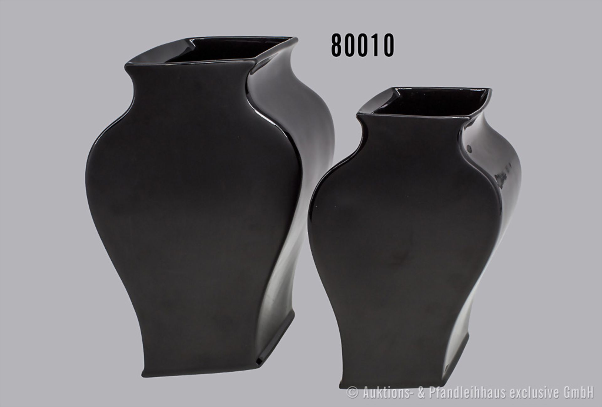 Konv. 2 Rosenthal Porzellan Vasen, schwarz glasiert, Künstler Tadao Amano, H 24,5 und 28 ...