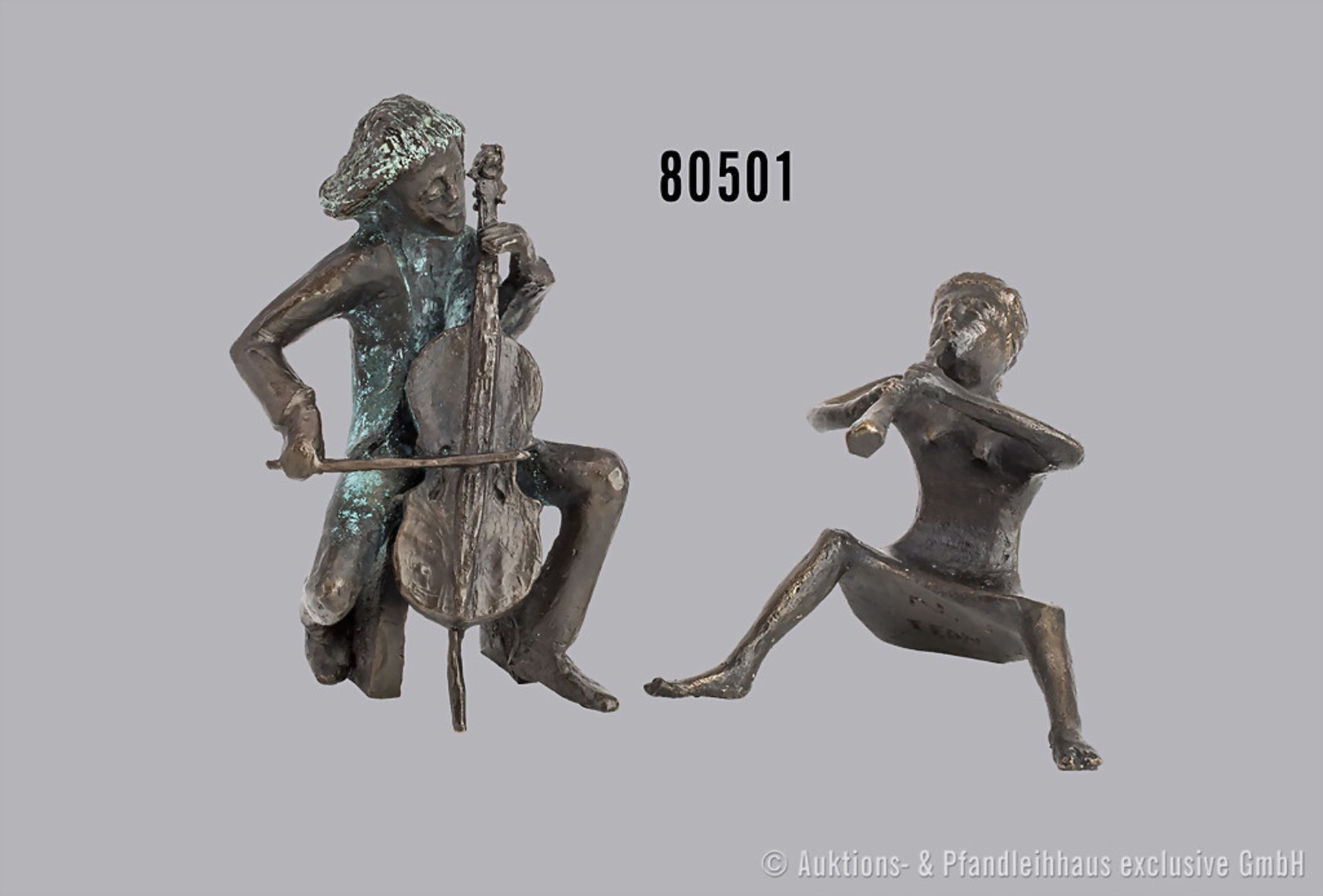 Konv. 2 Bronzefiguren des Künstlers und Bildhauers Gustav Nonnenmacher, 1 Musiker mit ...