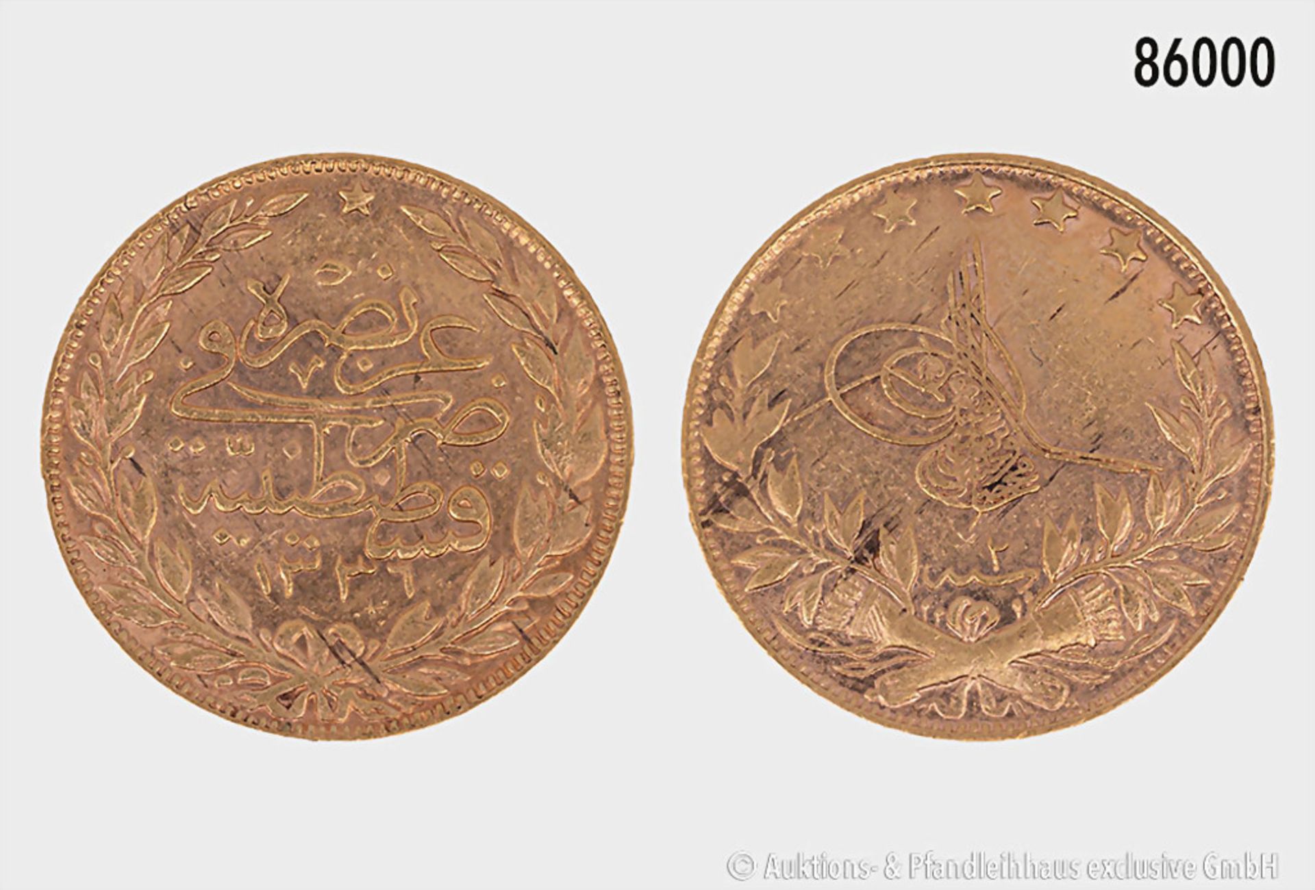 Türkei, 100 Piaster (1918-1922). 916 2/3er Gold. 7,22 g; 22 mm. Fast ...
