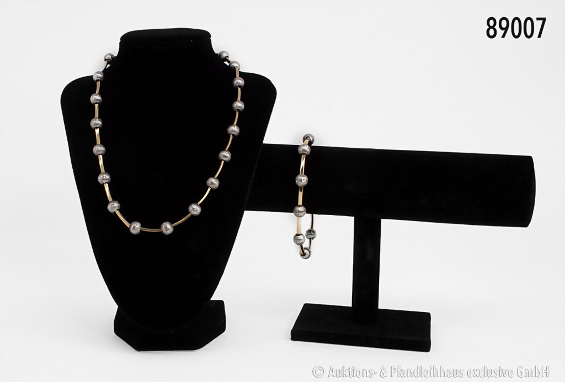 Halskette (L 48,5 cm) und Armband (23,5 cm), Fa. Arpas, 14 Karat (585er Gold) Weiß- und ...