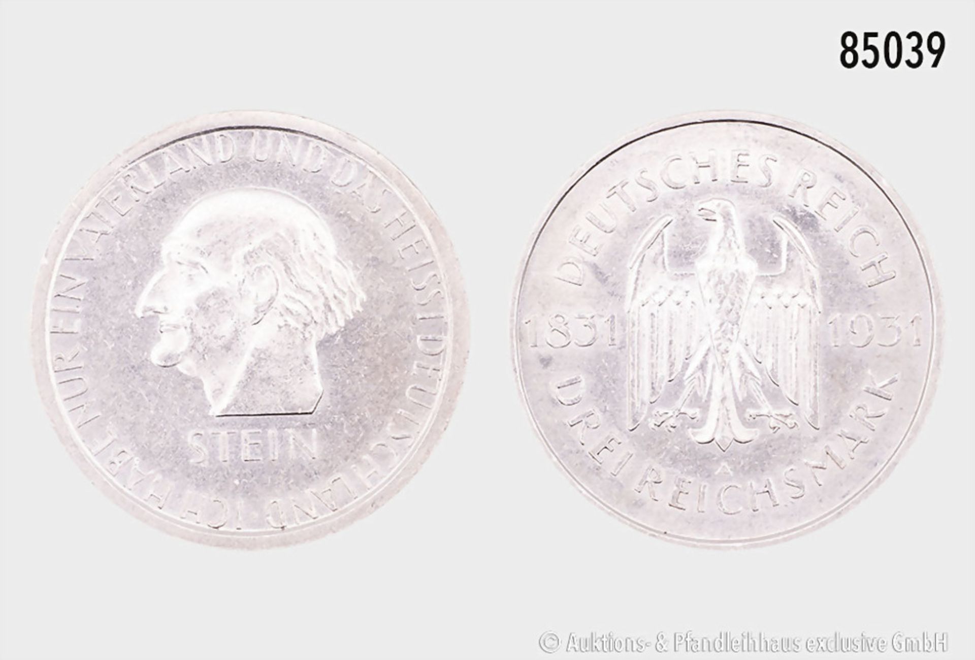 Weimarer Republik, 3 RM 1931 A, Freiherr vom Stein, 15,11 g, 30 mm, AKS 90, J. 348, ...