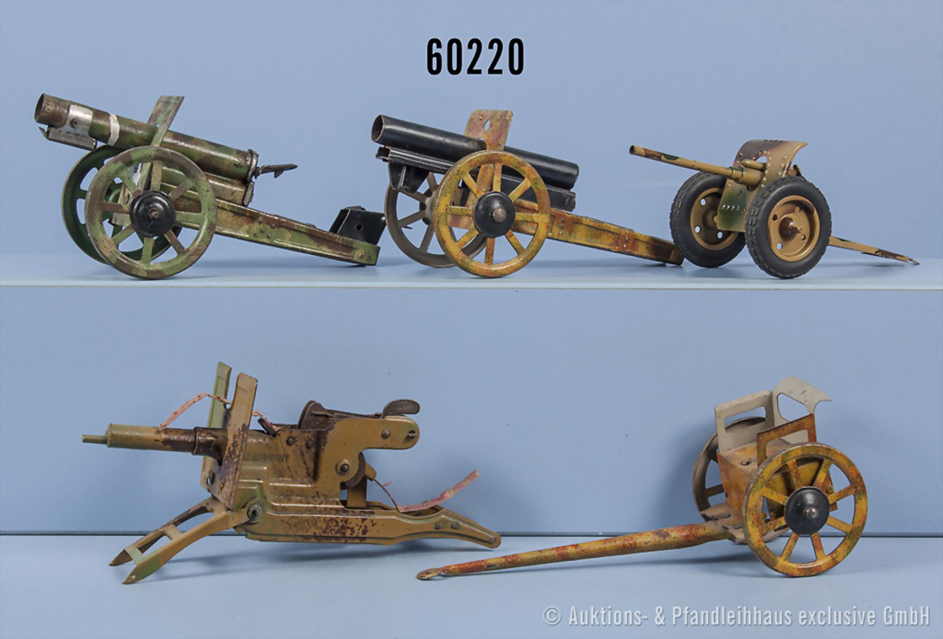 Konv. 3 Kanonen, MG und Protzenwagen, lith. und lack. Blechausf., L bis 15 cm, versch. ...