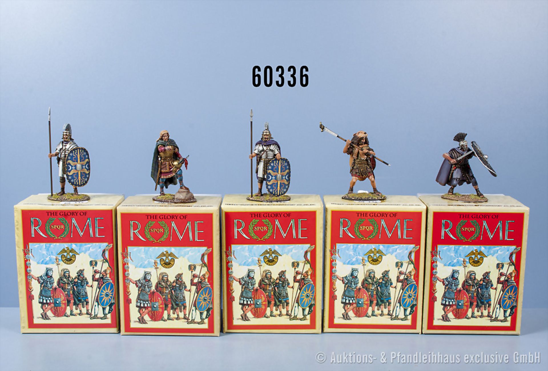 Konv. 5 First Legion Figuren Serie "The Glory of Rome", 4 Römer Prätorianer und 1 Kelte, ...