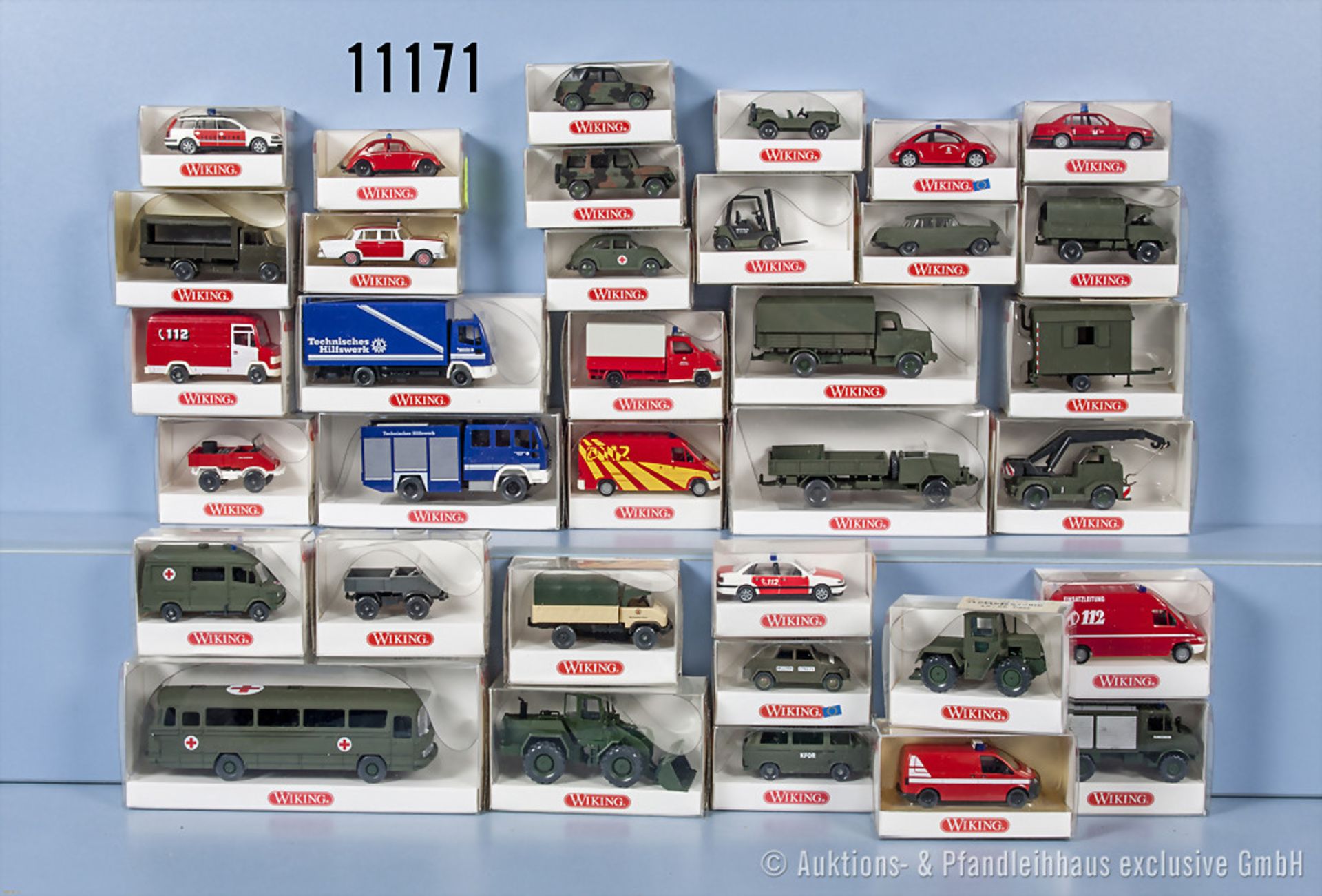 Konv. 35 Wiking H0 Modellfahrzeuge, Bundeswehr, Feuerwehr und THW, dabei Pkw, ...