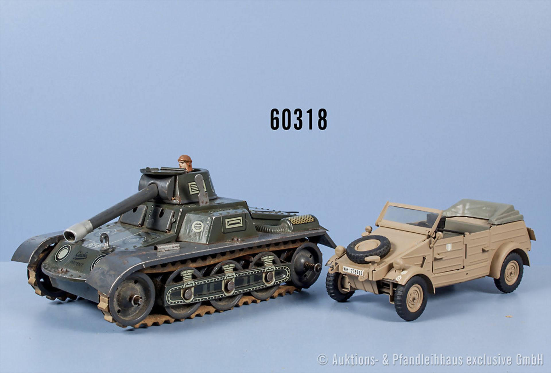 Konv. 2 Militärfahrzeuge, Gescha Panzer 65-6, lith. Blechausf. mit Uhrwerkantrieb, ...