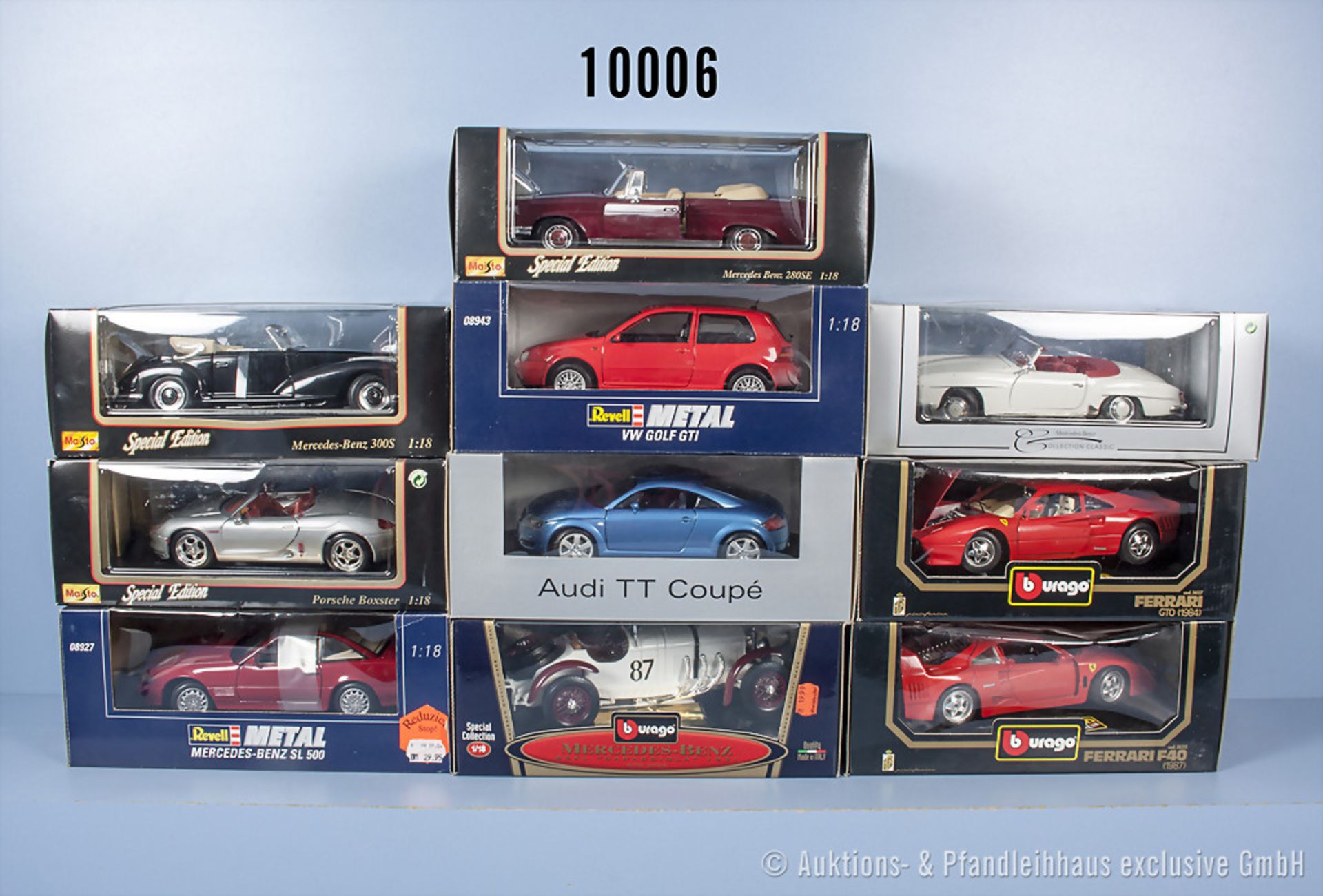 Konv. 10 Modellfahrzeuge dabei Sportwagen, Oldtimer und Pkw, Hersteller Bburago, Revell, ...