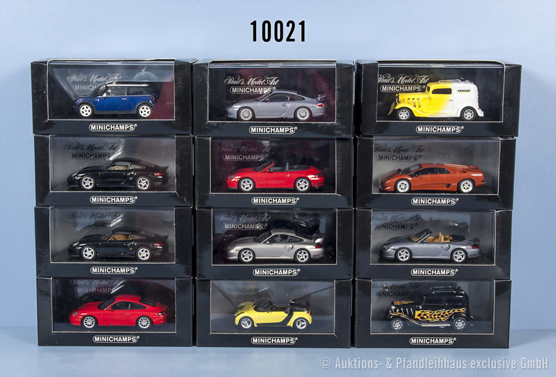 Konv. 12 Minichamps Modellfahrzeuge dabei Porsche, American Hot Rod, Lamborghini, Smart ...