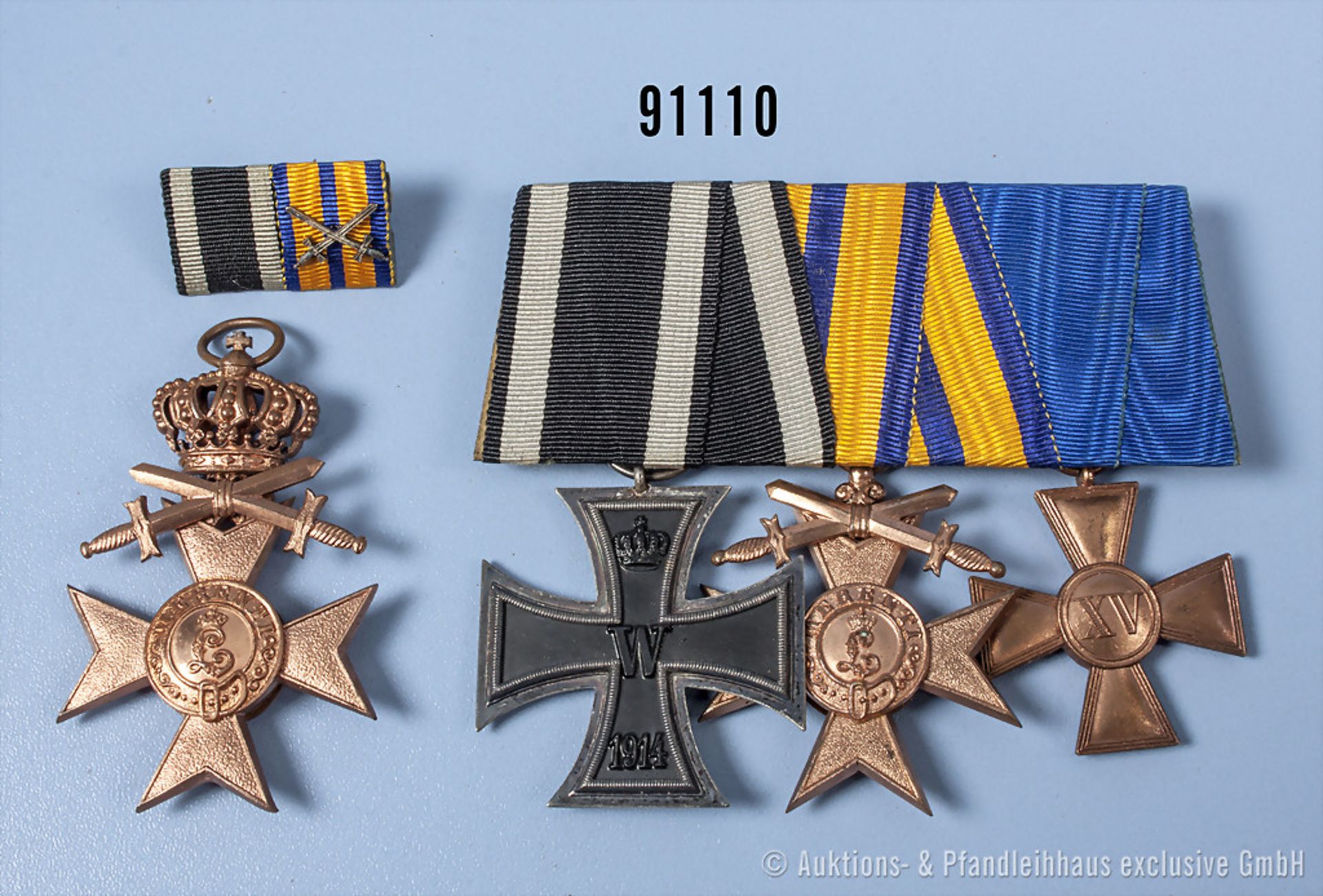 Konv. 3er Ordenspange EK2 1914, Bayern MVK 3. Klasse mit Schwertern am nicht ...