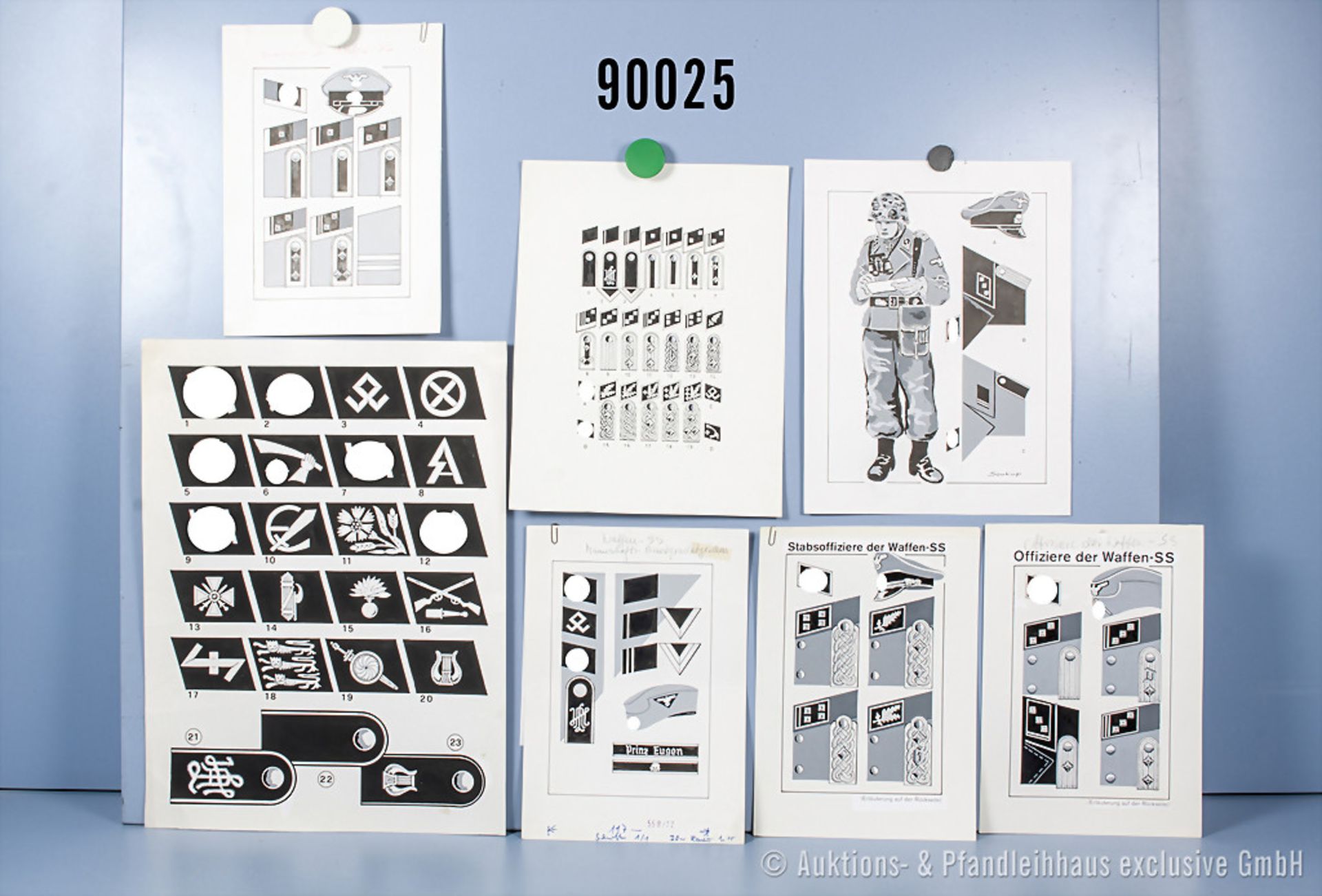 Konv. 7 originale schwarz/weiß Zeichnungen zum Thema Uniformierung und Effekten der ...