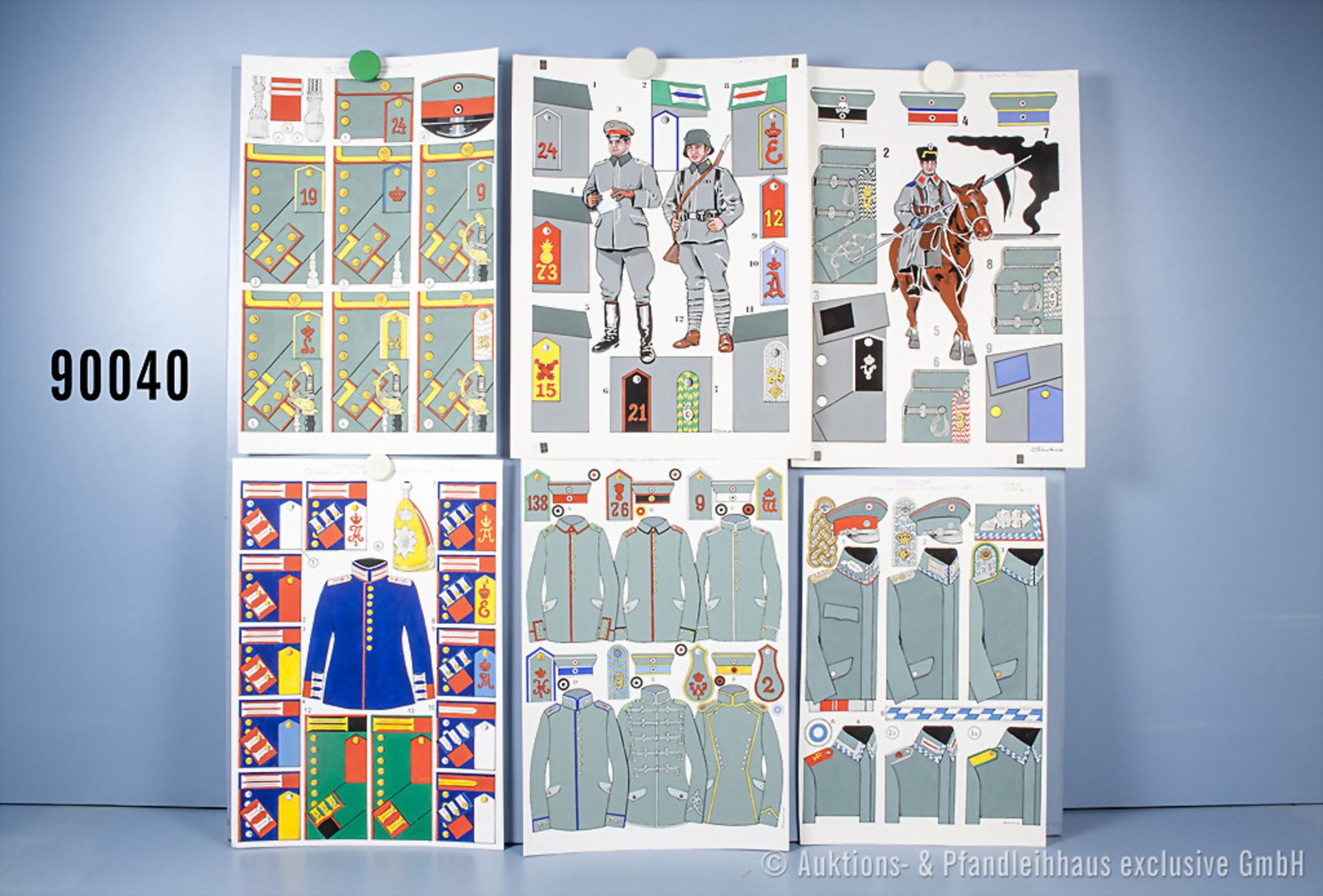 Konv. 12 originale überwiegend farbige Zeichnungen zum Thema Uniformierung und Effekten ...