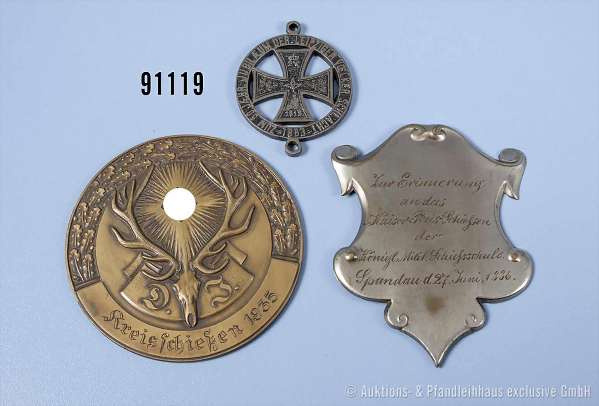 Konv. Deutsche Jägerschaft Plakette "Kreisschießen 1935", D ca. 8 cm, graviertes Schild ...