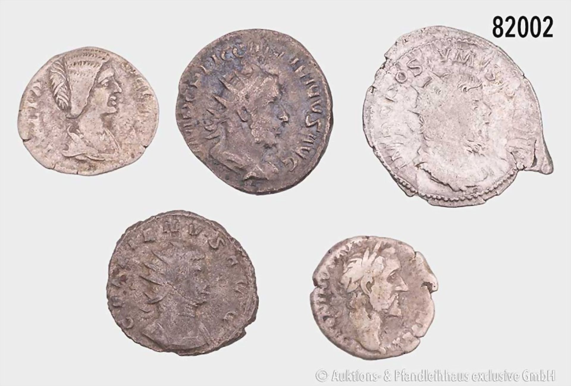 Römische Kaiserzeit, Konv. 2 Denare und 3 Antoniniane, dabei Antoninus Pius, Julia Domna ...