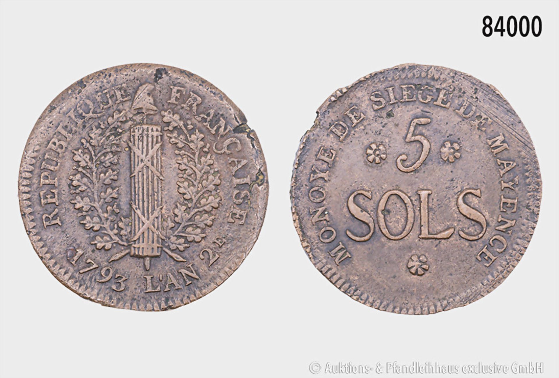 Mainz, unter französischer Besatzung (1792-1793), 5 Sols 1793, 32 mm, Schön 3, gutes ...