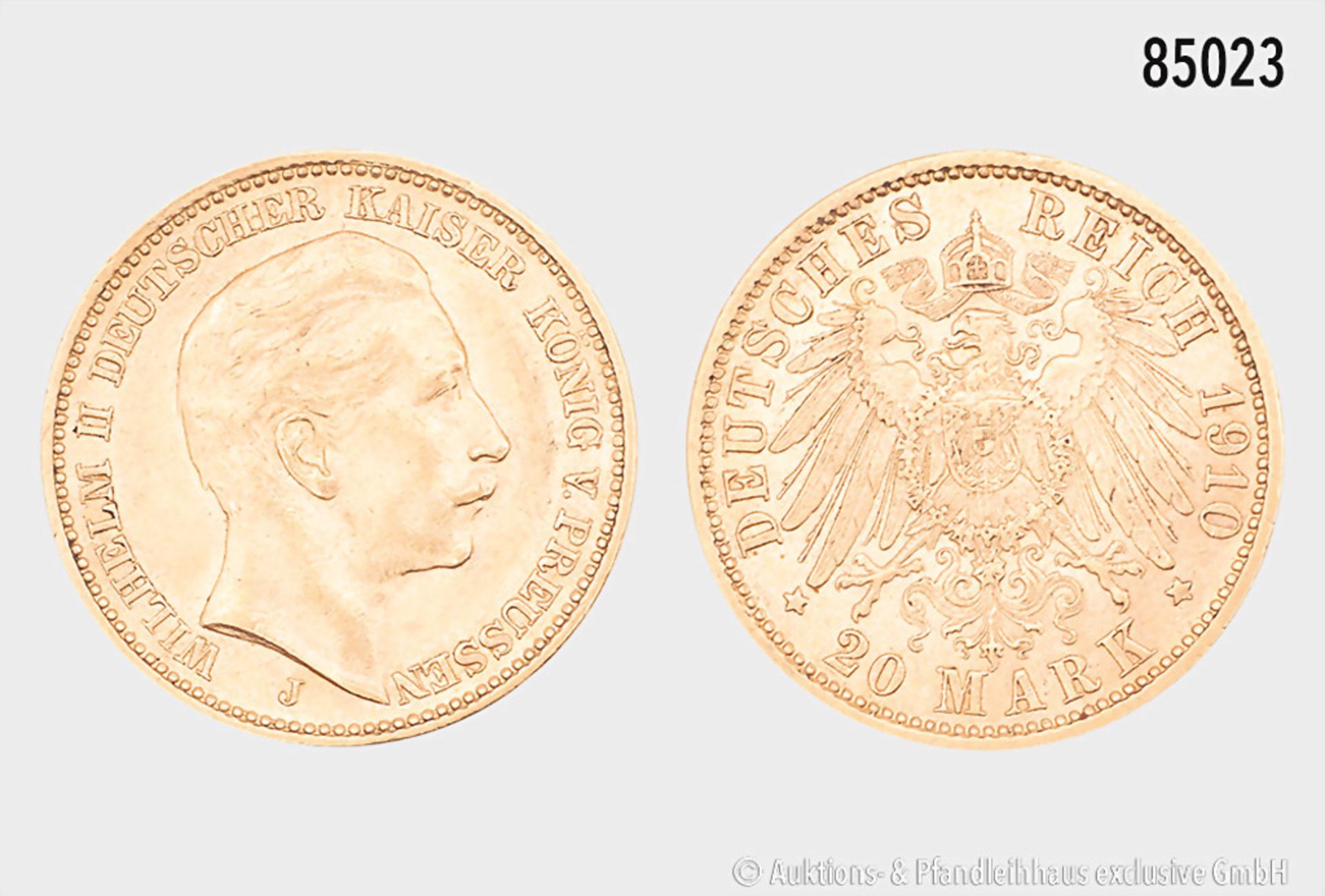 Preußen, Wilhelm II. (1888-1918), 20 Mark 1910 J, 900er Gold, 7,95 g, 23 mm, J. 252, ...