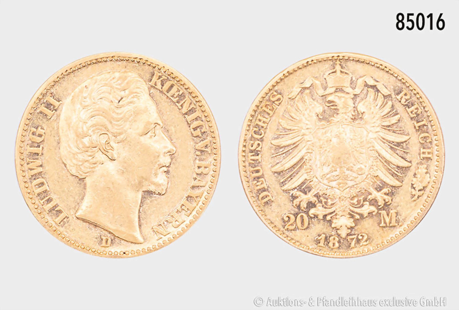 Bayern, Ludwig II. (1864-1886), 20 Mark 1872 D, 900er Gold, 7,91 g, 22 mm, Jaeger 194, ...