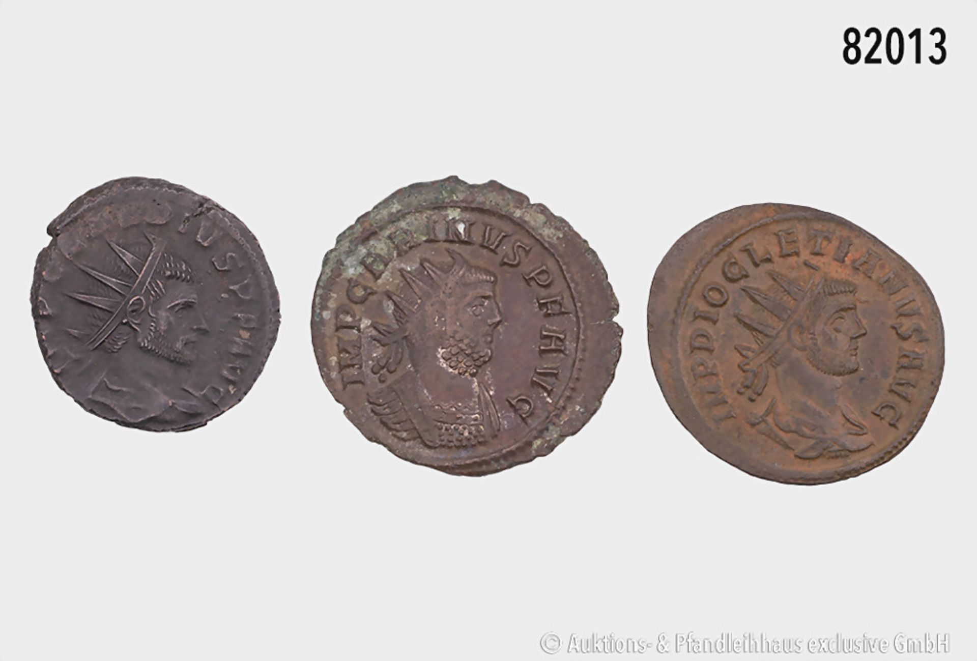 Römische Kaiserzeit, Konv. 3 Antoniniane, Carinus, Rs. Aeternitas, Claudius II. ...