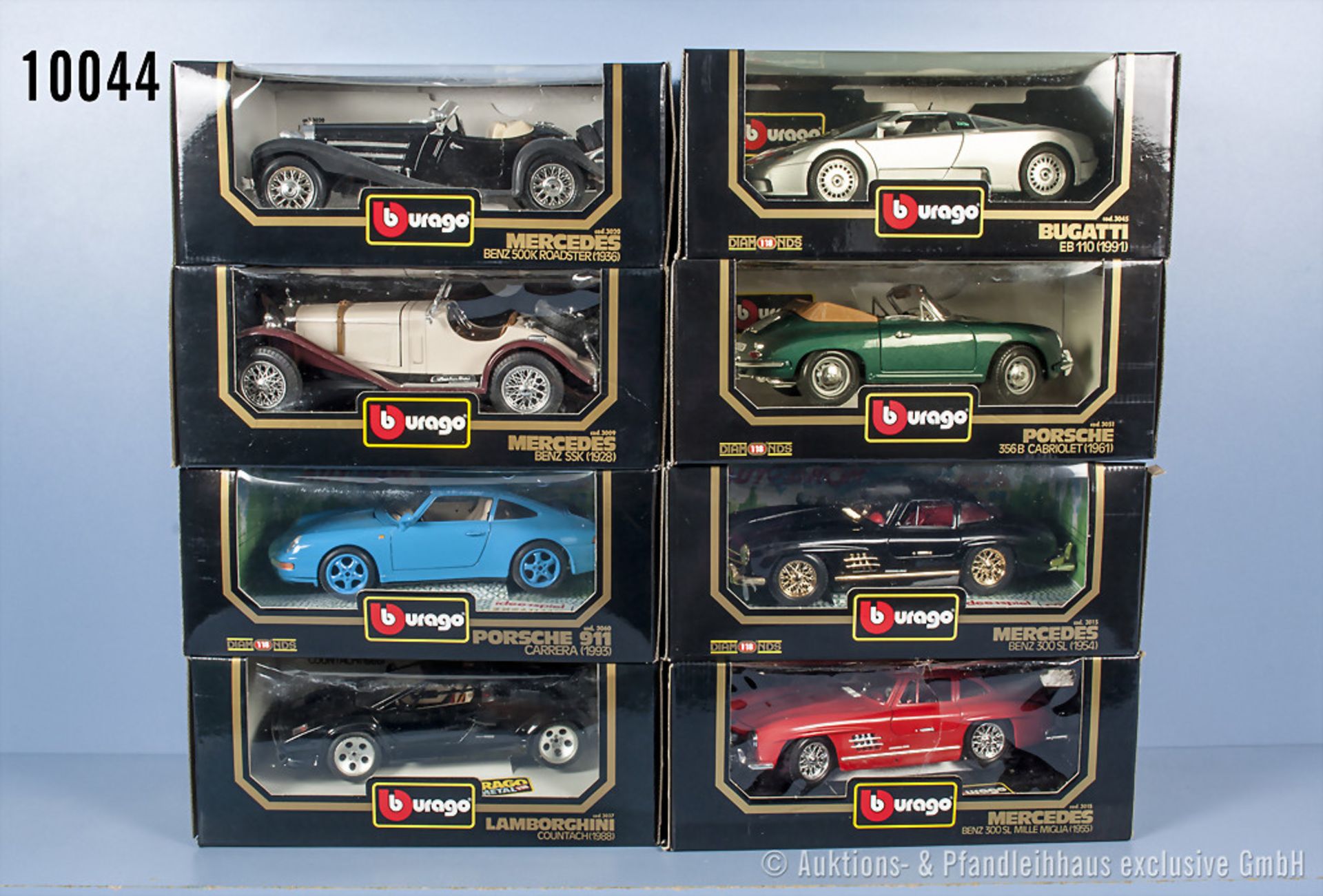 Konv. 8 Bburago Modellfahrzeuge, dabei Porsche 911, Mercedes Benz SSK, Mercedes Benz 500 ...