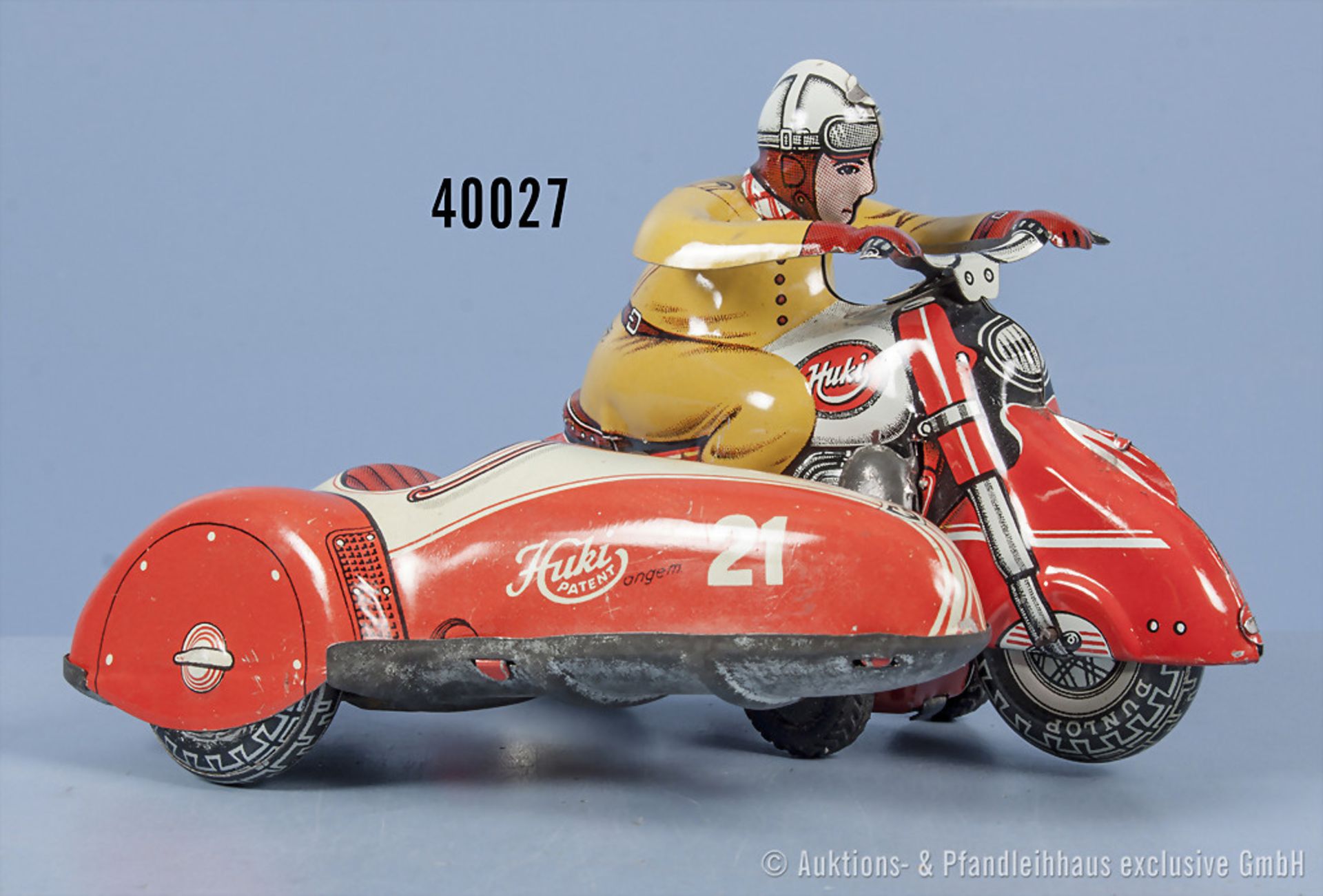 Huki Motorradfahrer mit Beiwagen, lith. Blechausf. mit Friktionsantrieb, L 14,5 cm, ...