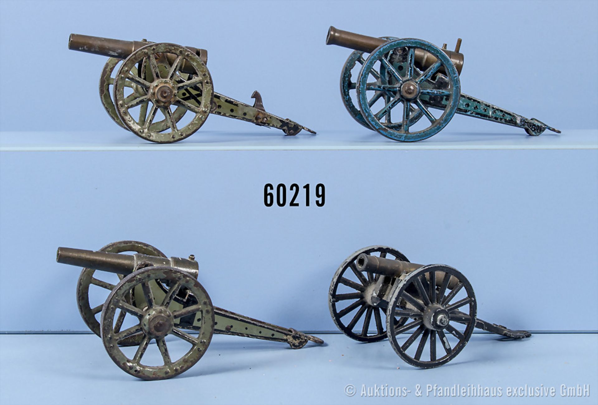 Konv. 4 Kanonen, handlack. Blechausf. mit massivem Gußrohr, L bis 14,5 cm, 3 x Märklin, ...