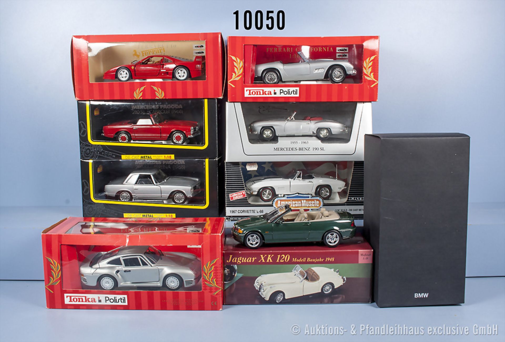 Konv. 9 Modellfahrzeuge, dabei Corvette, Mercedes Pagode, MB 190 SL, BMW, Ferrari F 40 ...