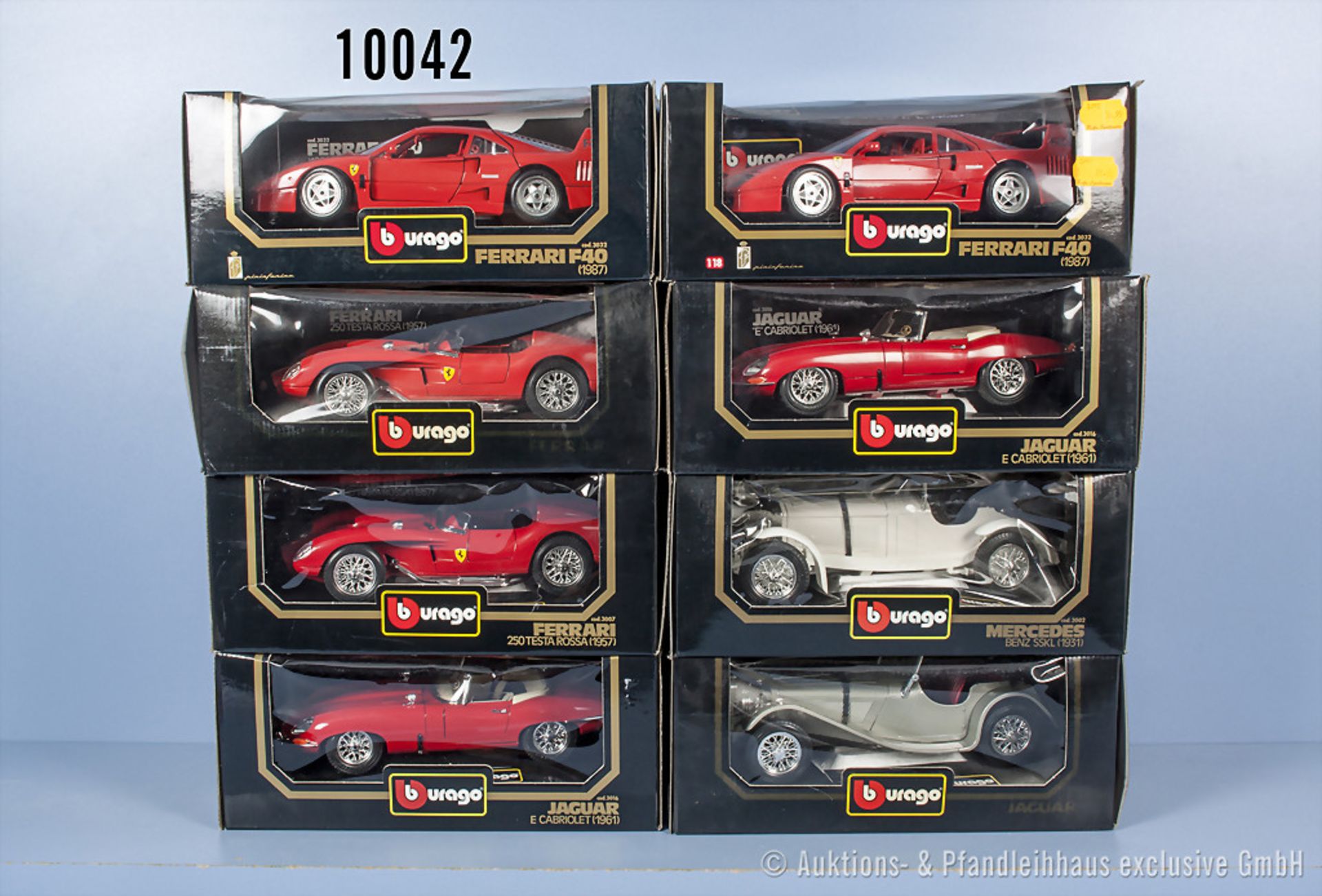 Konv. 8 Bburago Modellfahrzeuge, dabei Ferrari F 40, Jaguar Cabriolet 1961, Mercedes ...