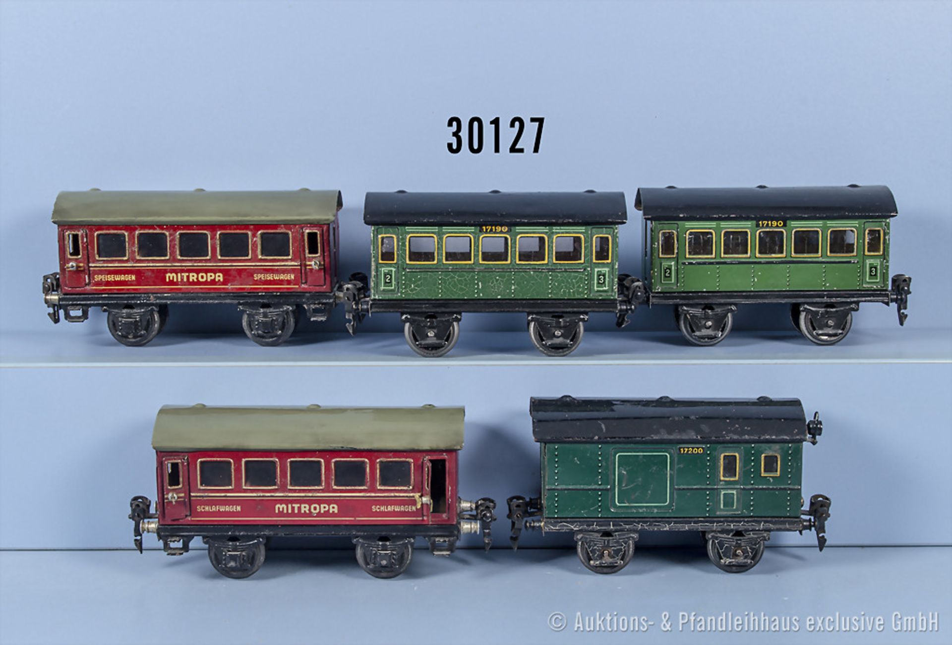 Konv. 5 Märklin H0 Wagen, dabei 2 Personenwagen, 1 Speisewagen, 1 Schlafwagen und 1 ...