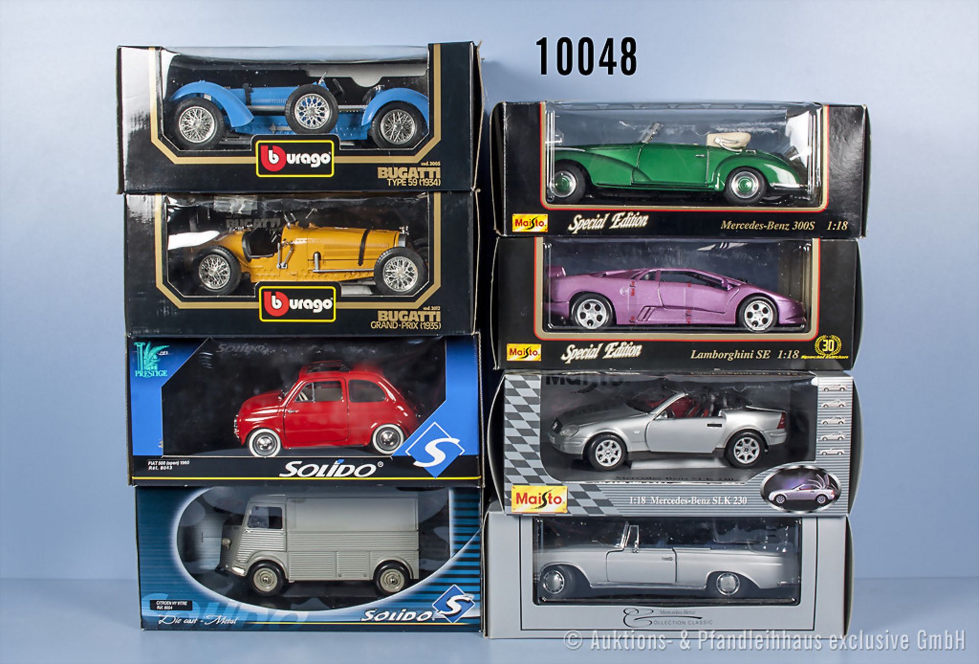 Konv. 8 Modellfahrzeuge, dabei Lamborghini SE, Mercedes Benz 300 S, Mercedes Benz SLK, ...