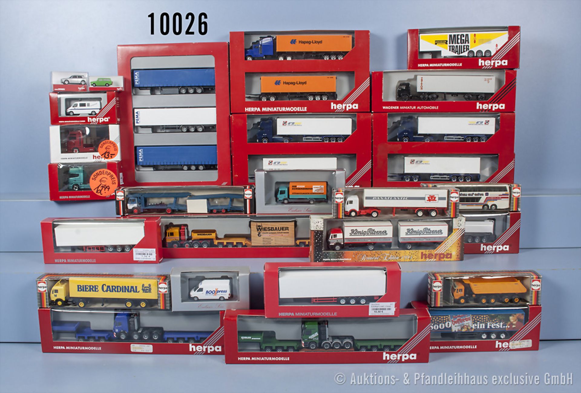 Konv. 20 Herpa H0 Modellfahrzeuge sowie 6 Anhänger dabei Tieflader, Sattelzug, Pkw, Lkw ...