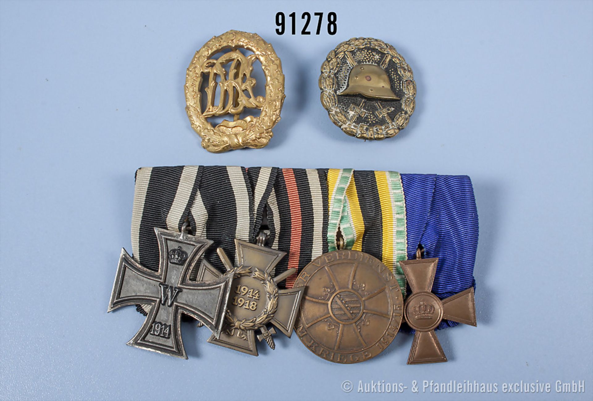 Konv. 4er Ordensspange EK 2 1914, EKF, Sachsen-Meiningen, Medaille für Verdienst im ...