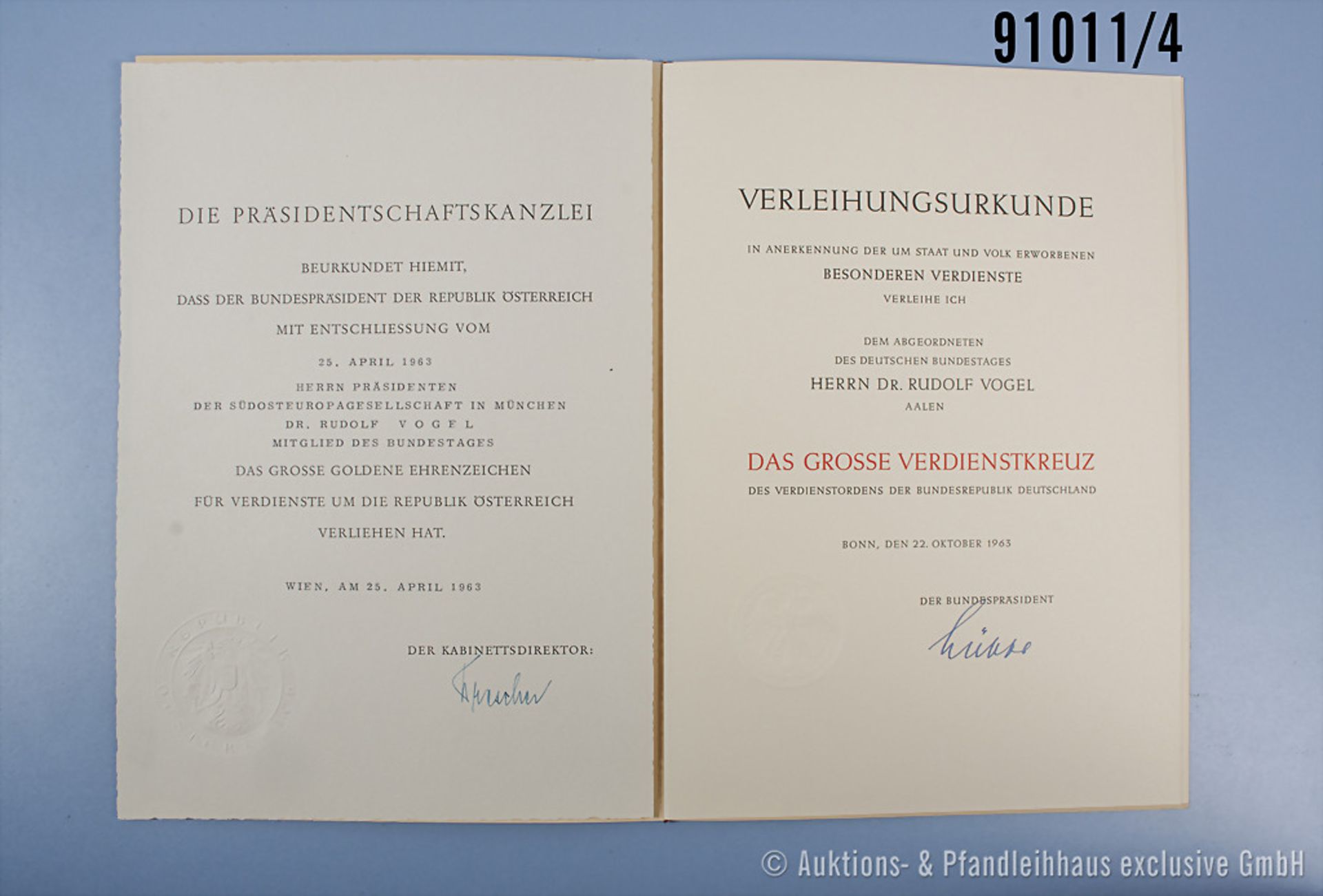 aus dem Nachlass des CDU-Politikers Dr. Rudolf Vogel, MdB (1906-1991) Verleihungsurkunde ... - Image 4 of 6