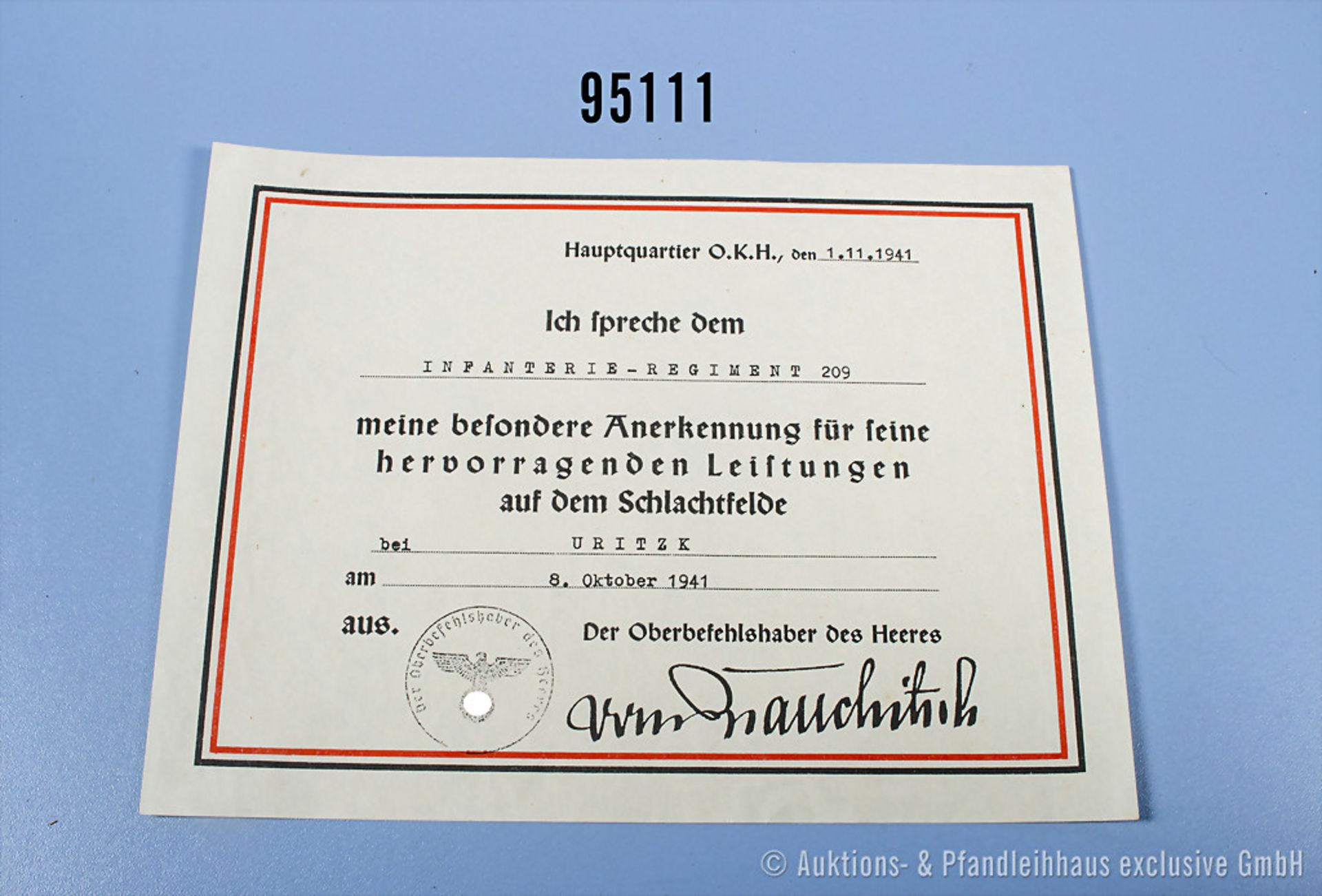 Anerkennungsurkunde des Oberbefehlshabers des Heeres für das Infanterie-Regiment 209 für ...