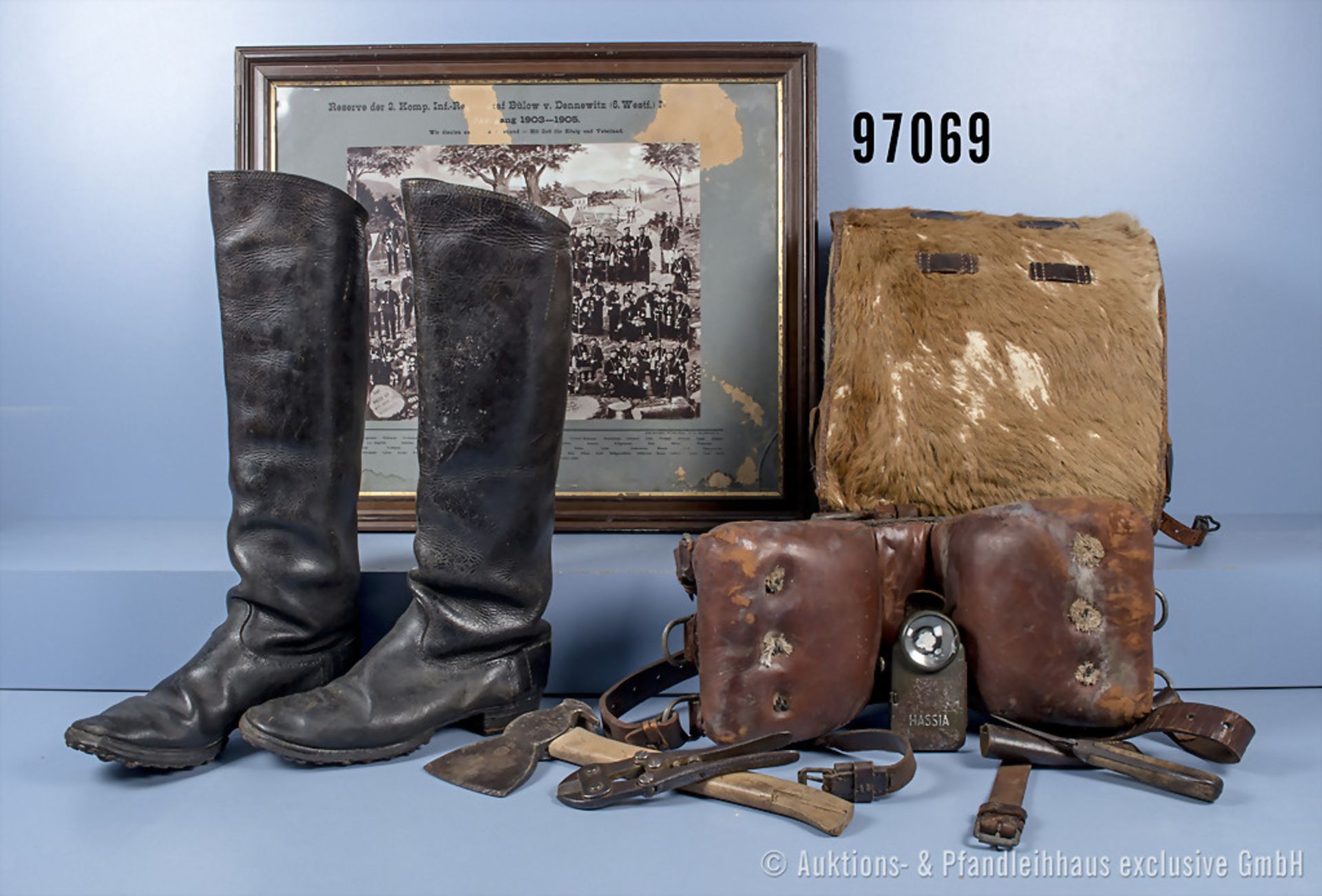 Konv. 1. WK 1 Paar Kavallerie-Stiefel, Infanterie-Tornister, Modell 1895, "1914", ...