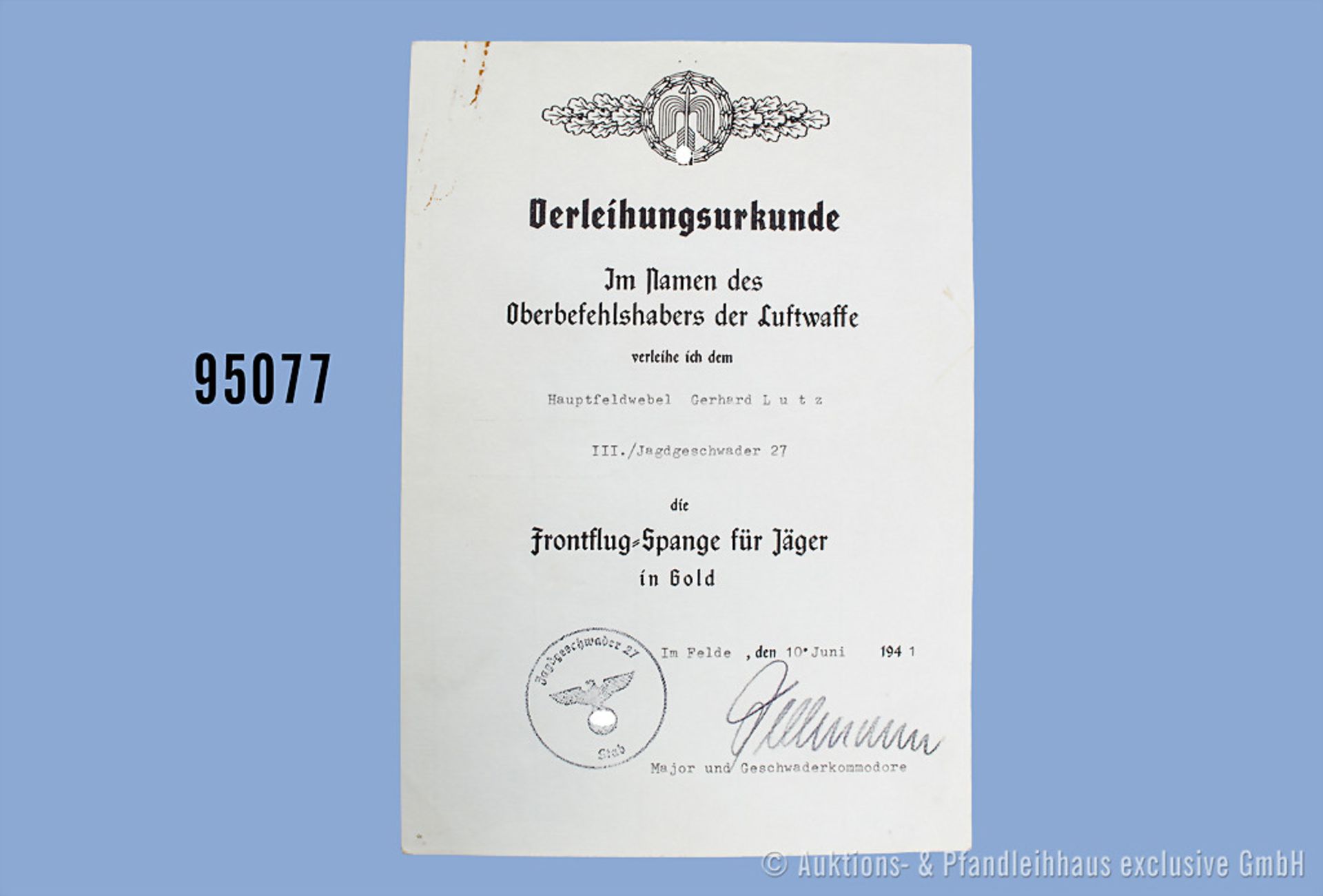 Urkunde zur Frontflugspange für Jäger in Gold 1941 für einen Hauptfeldwebel im ...